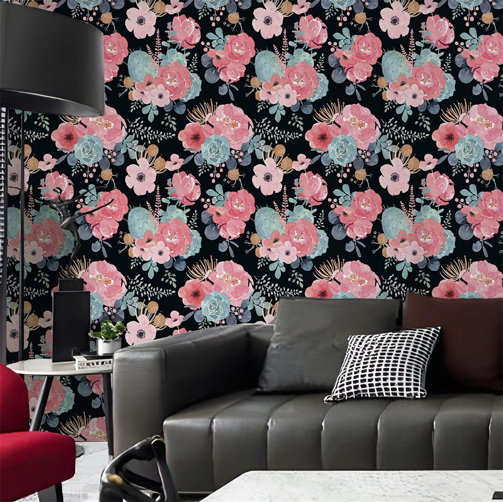 Watercolor Blush Rose & Cactus Peel and Stick Wallpaper, Moody Dark Botanical Decor | HaokHome
