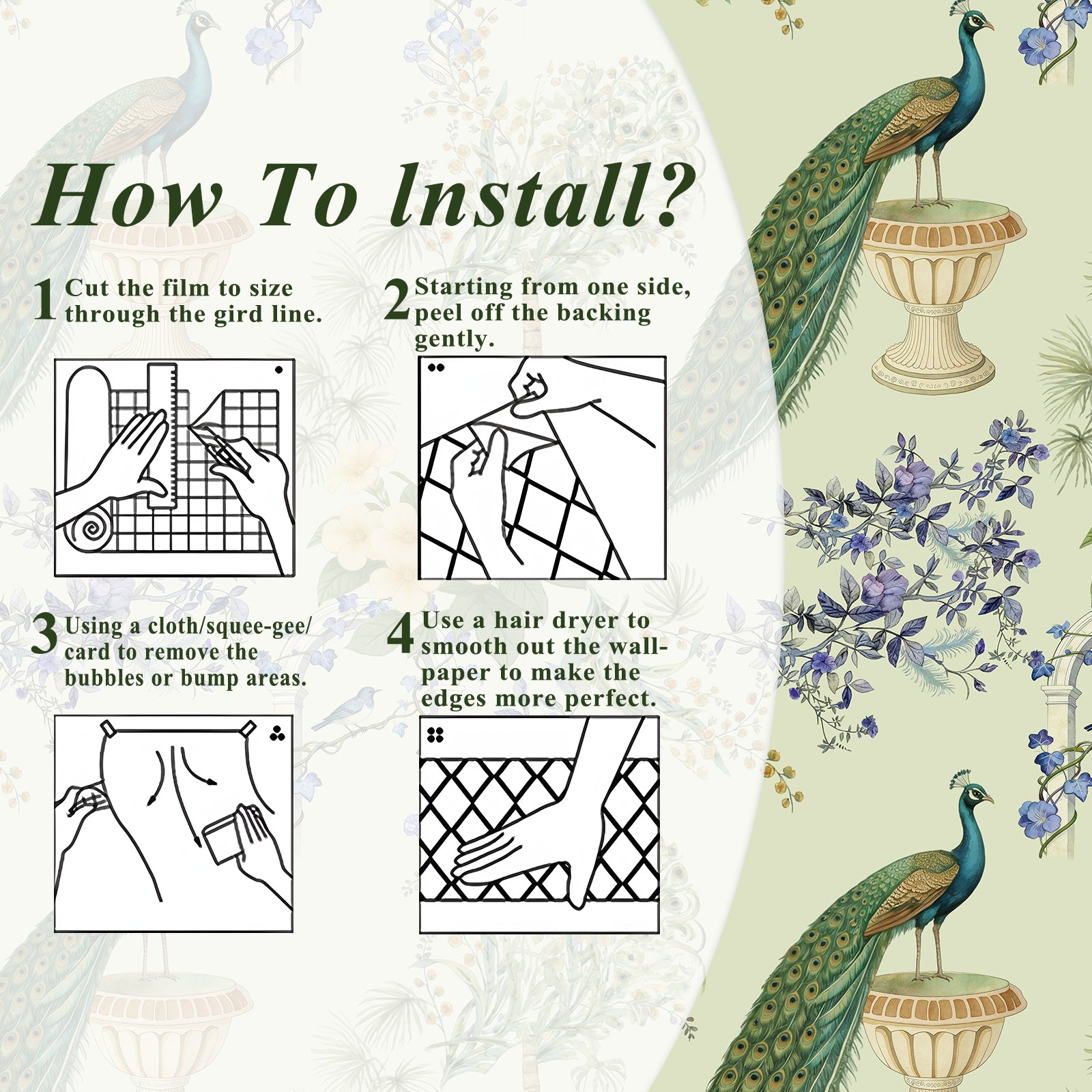 HaokHome Peacock Floral Watercolor Wallpaper, Vintage Botanical Peel and Stick Wallpaper, Removable Wall Mural for Bedroom and Living Room