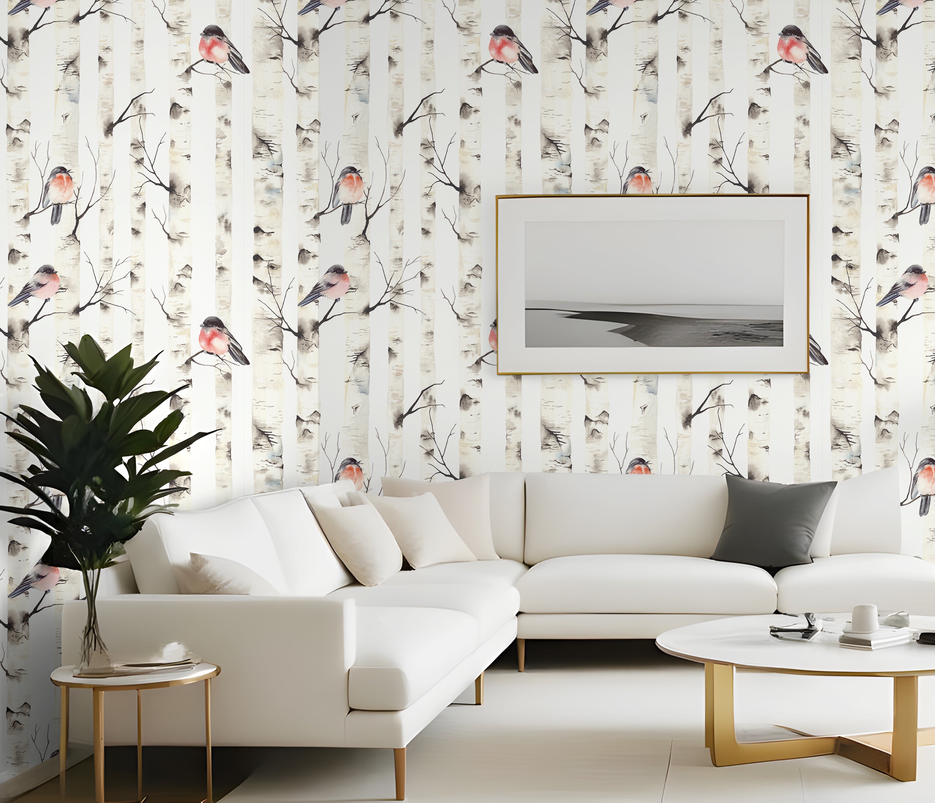 HaokHome Birch Tree Forest Birds Peel and Stick Wallpaper