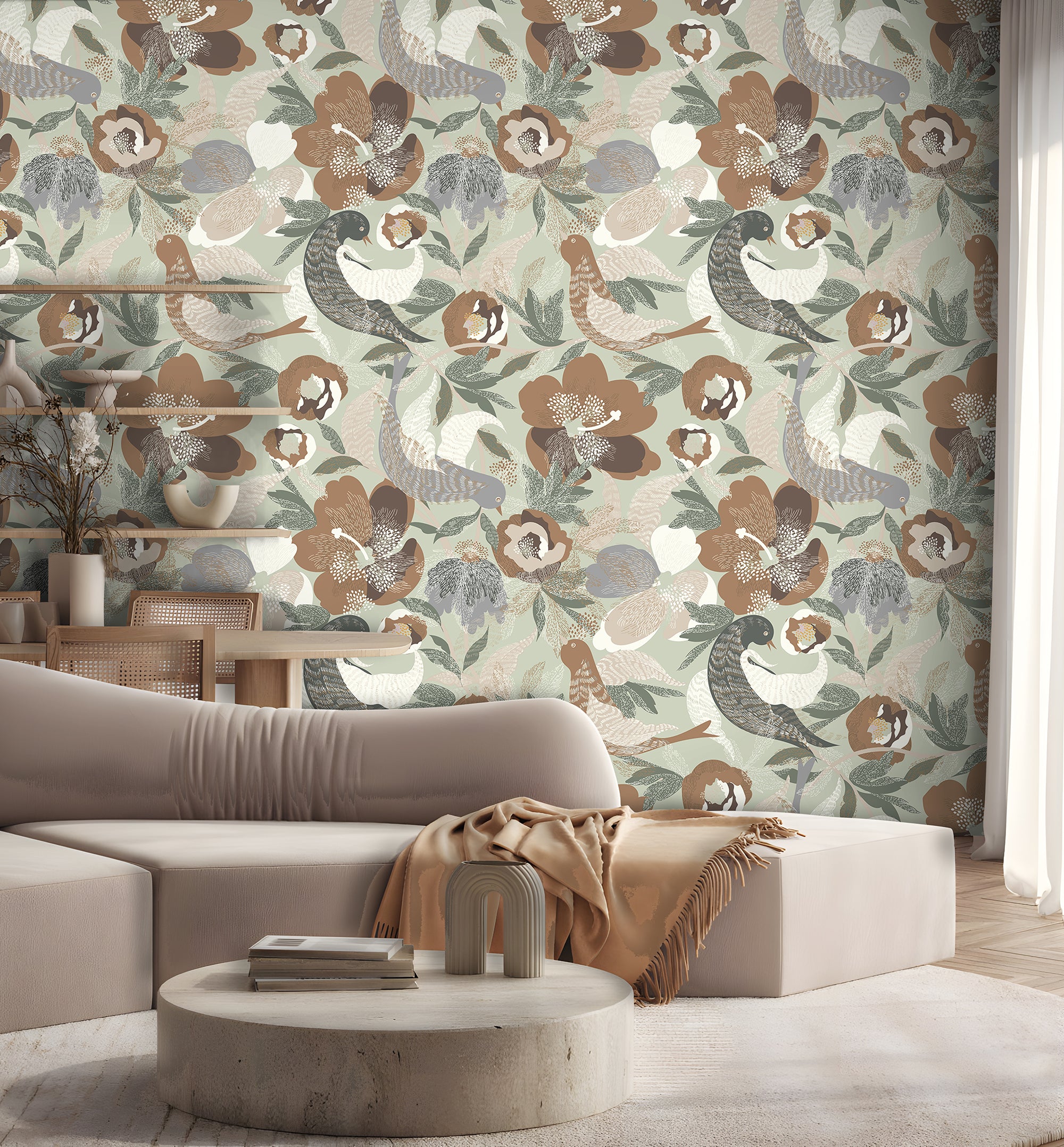 HaokHome Neutral Folk Bird floral Peel and Stick Wallpaper, Vintage Bird & Flower Removable Wallpaper