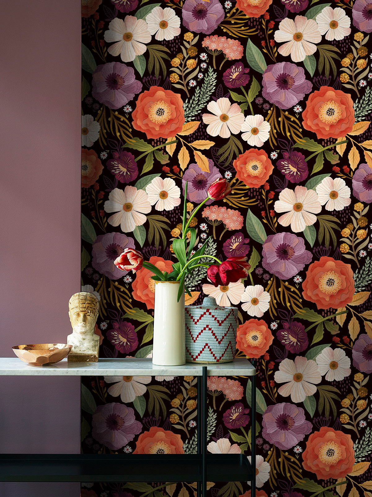 HaokHome Floral Pattern Wallpaper – Elegant Poppies, Daisies, and Leaves on Deep Burgundy Background