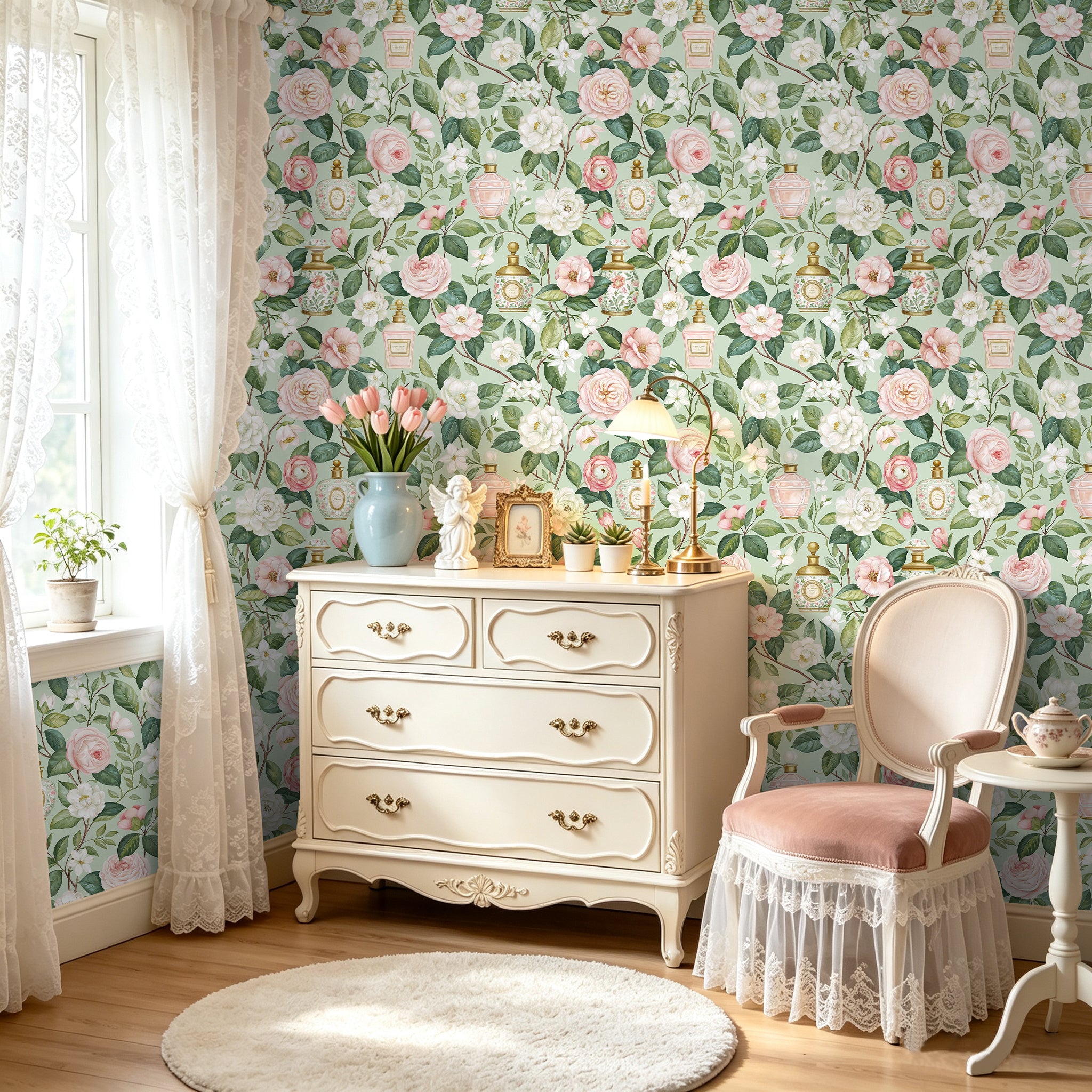 1. Pastel green floral wallpaper decorating charming vintage dresser entry nook
2.