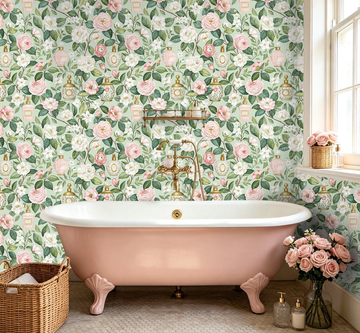 1. Romantic rose floral peel and stick wallpaper inside vintage clawfoot‑tub bathroom
2.