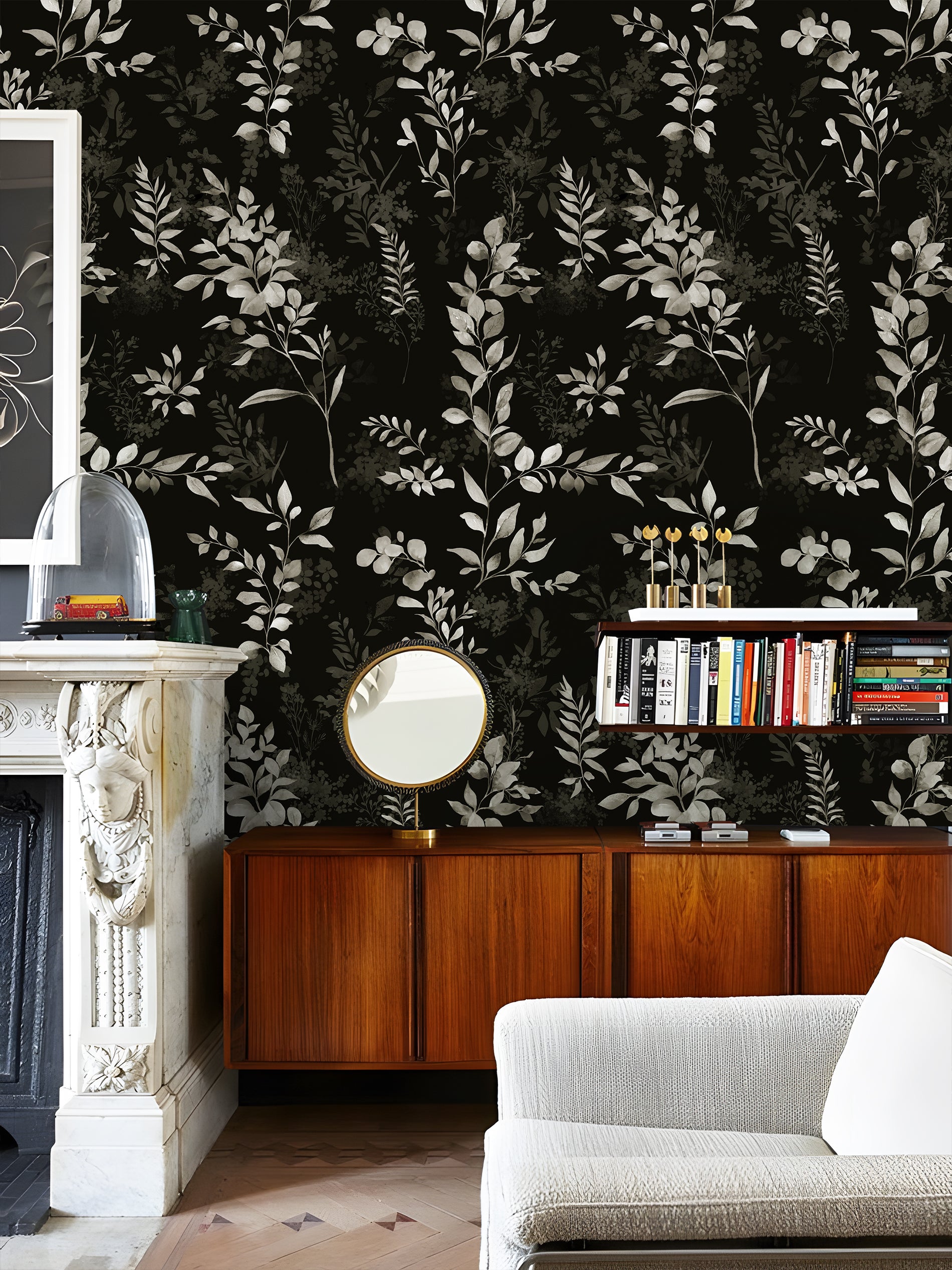 HaokHome Moody Black Botanical Peel and Stick Wallpaper, Dark Watercolor Leaf Floral Removable Self Adhesive Wallpaper for Bedroom & Living Room