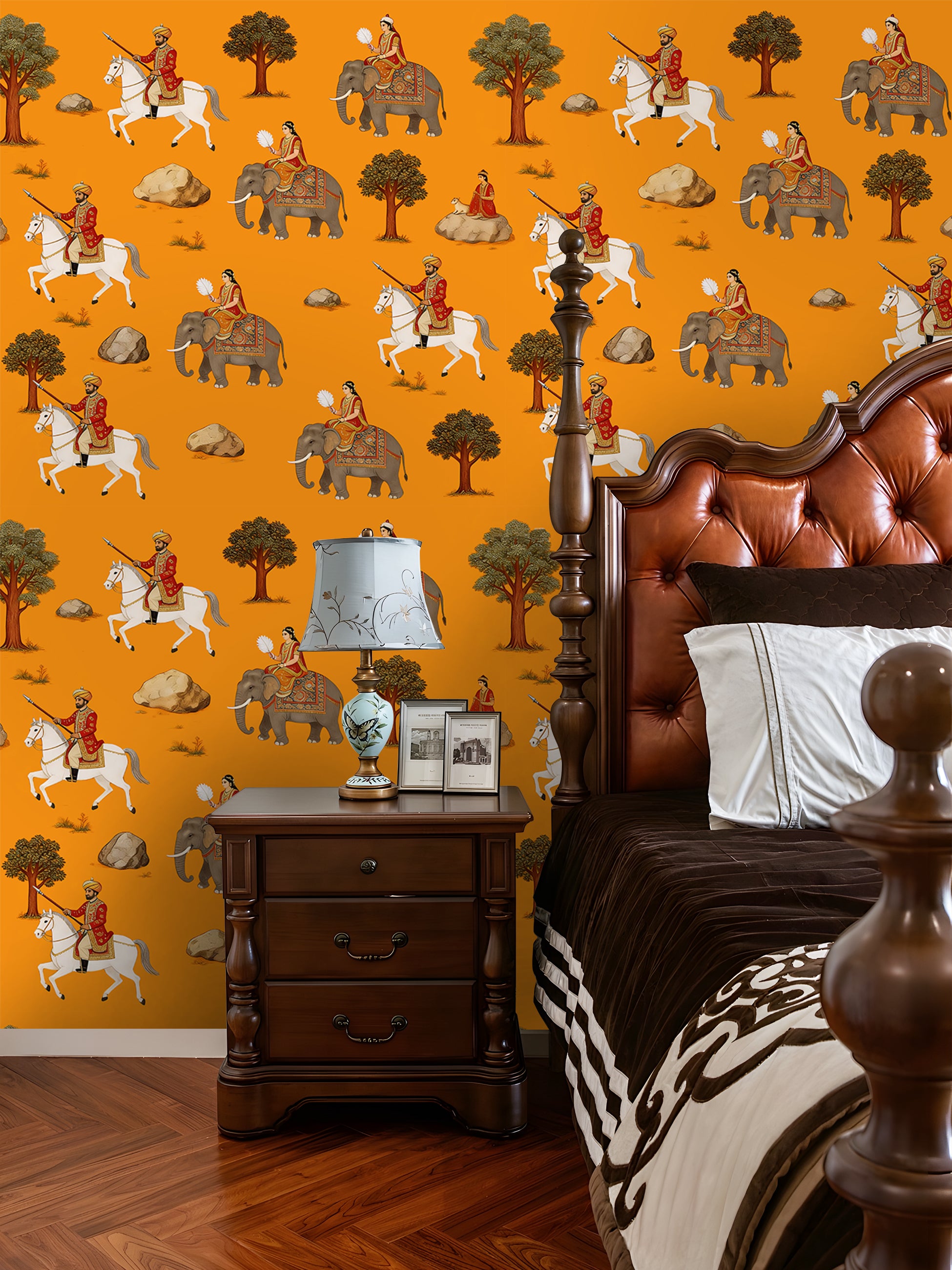 HaokHome Peel and Stick Wallpaper Vintage Indian Mughal Court Style with Horse and Elephant Figures Exotic Ethnic Botanical Removable Self Adhesive Wallpaper for Living Room & Bedroom