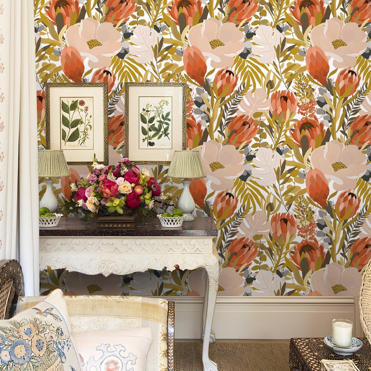 HaokHome Floral Peel and Stick Wallpaper Orange Vintage Adhesive Contact Paper for Walls
