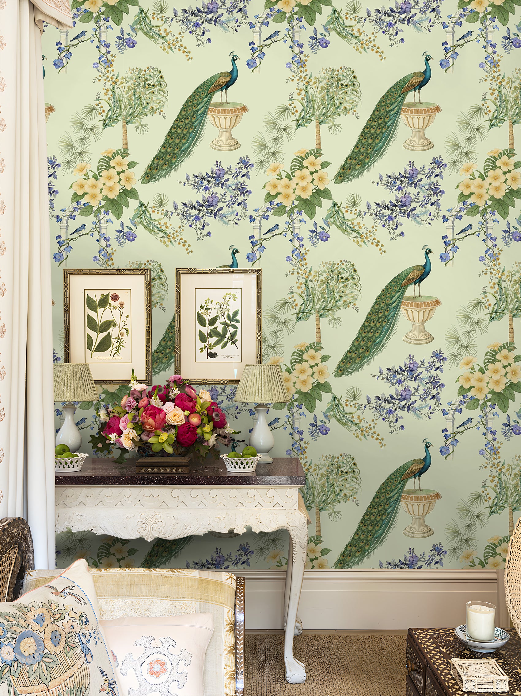 HaokHome Peacock Floral Watercolor Wallpaper, Vintage Botanical Peel and Stick Wallpaper, Removable Wall Mural for Bedroom and Living Room