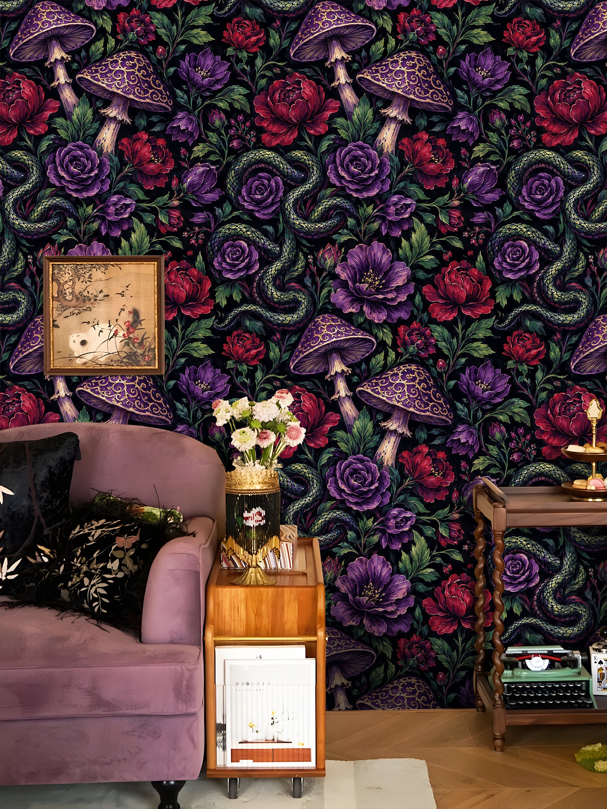 HaokHome Peel and Stick Wallpaper Dark Purple Rose Mushroom Snake Wall Mural Removable Self Adhesive Gothic Botanical Wallpaper