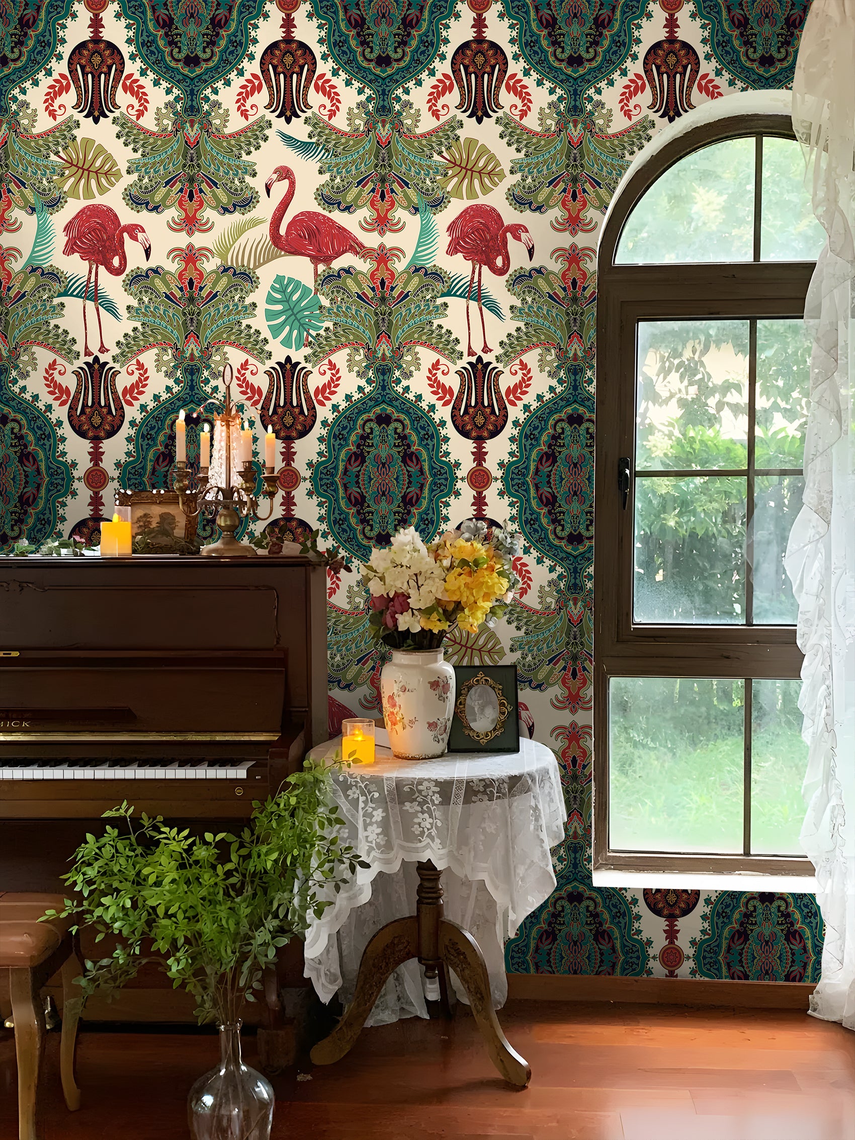 HaokHome Peel and Stick Wallpaper Boho Tropical Flamingo and Leaf Pattern Vintage Baroque Wall Mural Removable Vinyl Self Adhesive Wallpaper for Living Room Bedroom Accent Wall