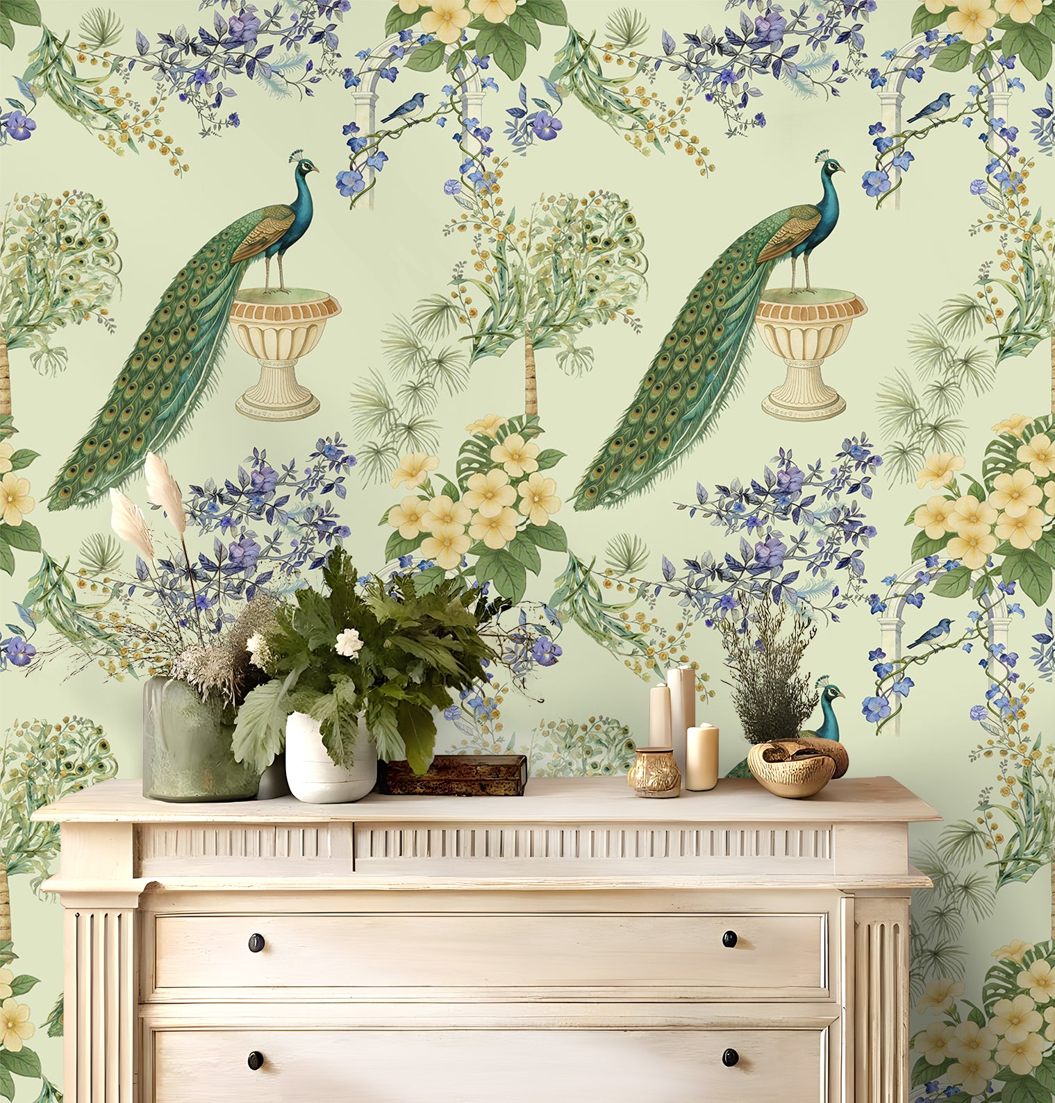 HaokHome Peacock Floral Watercolor Wallpaper, Vintage Botanical Peel and Stick Wallpaper, Removable Wall Mural for Bedroom and Living Room