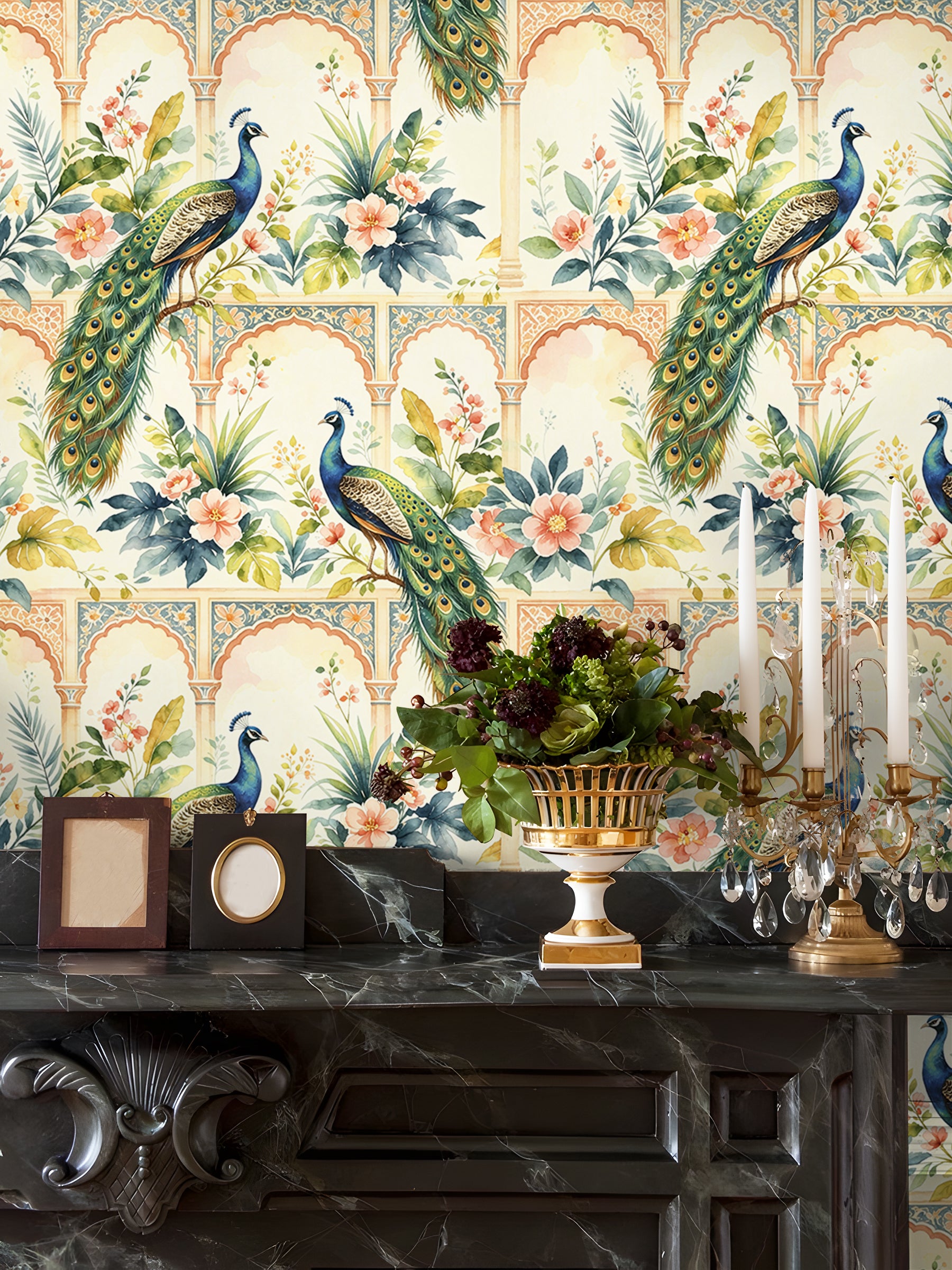 HaokHome Peel and Stick Wallpaper Vintage Peacock Moroccan Floral Removable Wall Paper Boho Watercolor Palace Print Decor for Bedroom Living Room Accent Wall