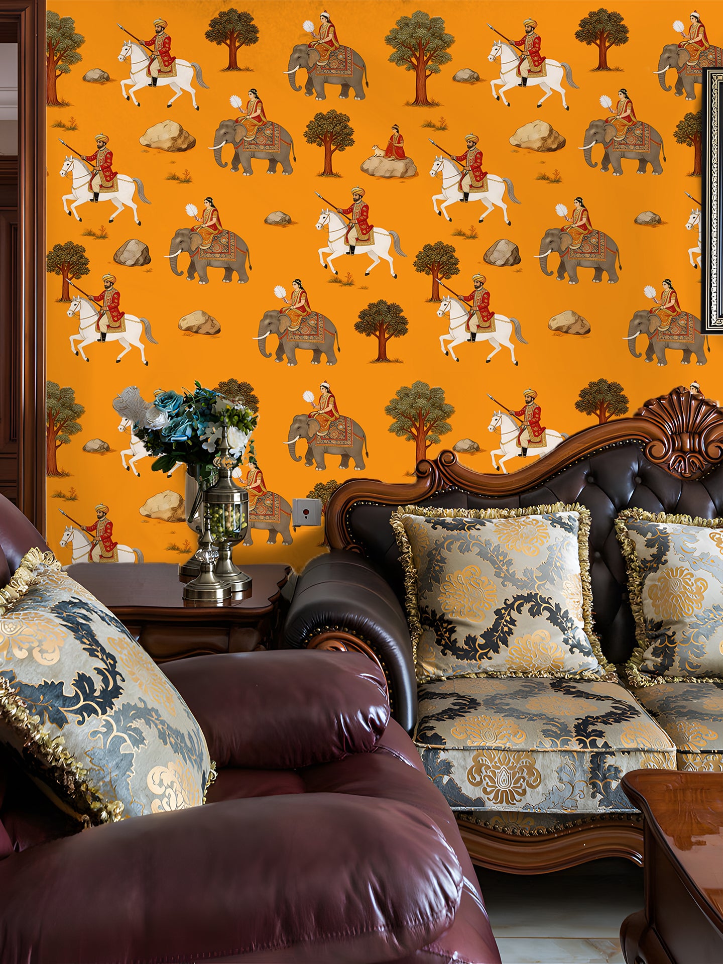 HaokHome Peel and Stick Wallpaper Vintage Indian Mughal Court Style with Horse and Elephant Figures Exotic Ethnic Botanical Removable Self Adhesive Wallpaper for Living Room & Bedroom