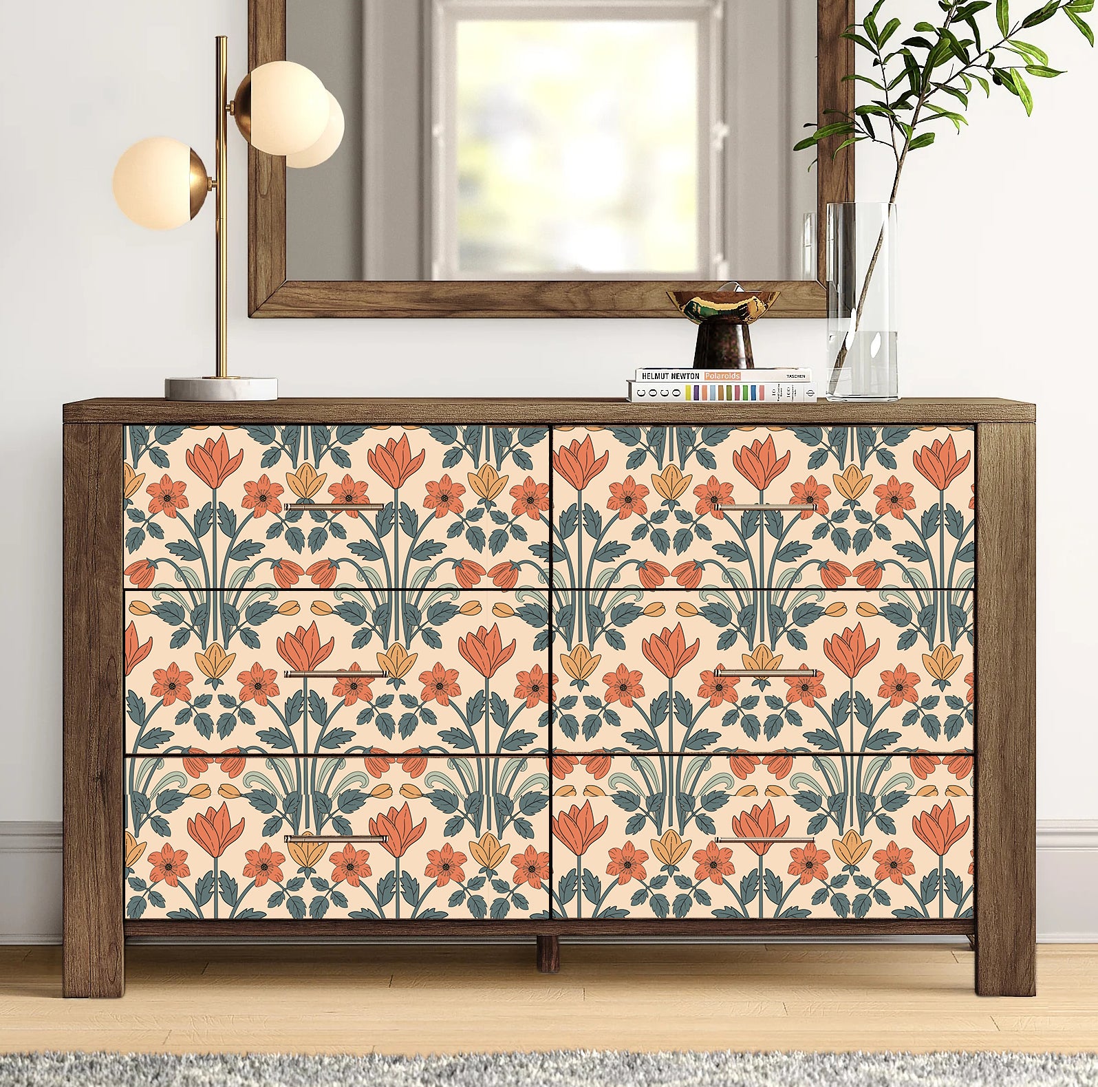 Warm Peach Art Nouveau Symmetric Tulip Peel and Stick Floral Wallpaper