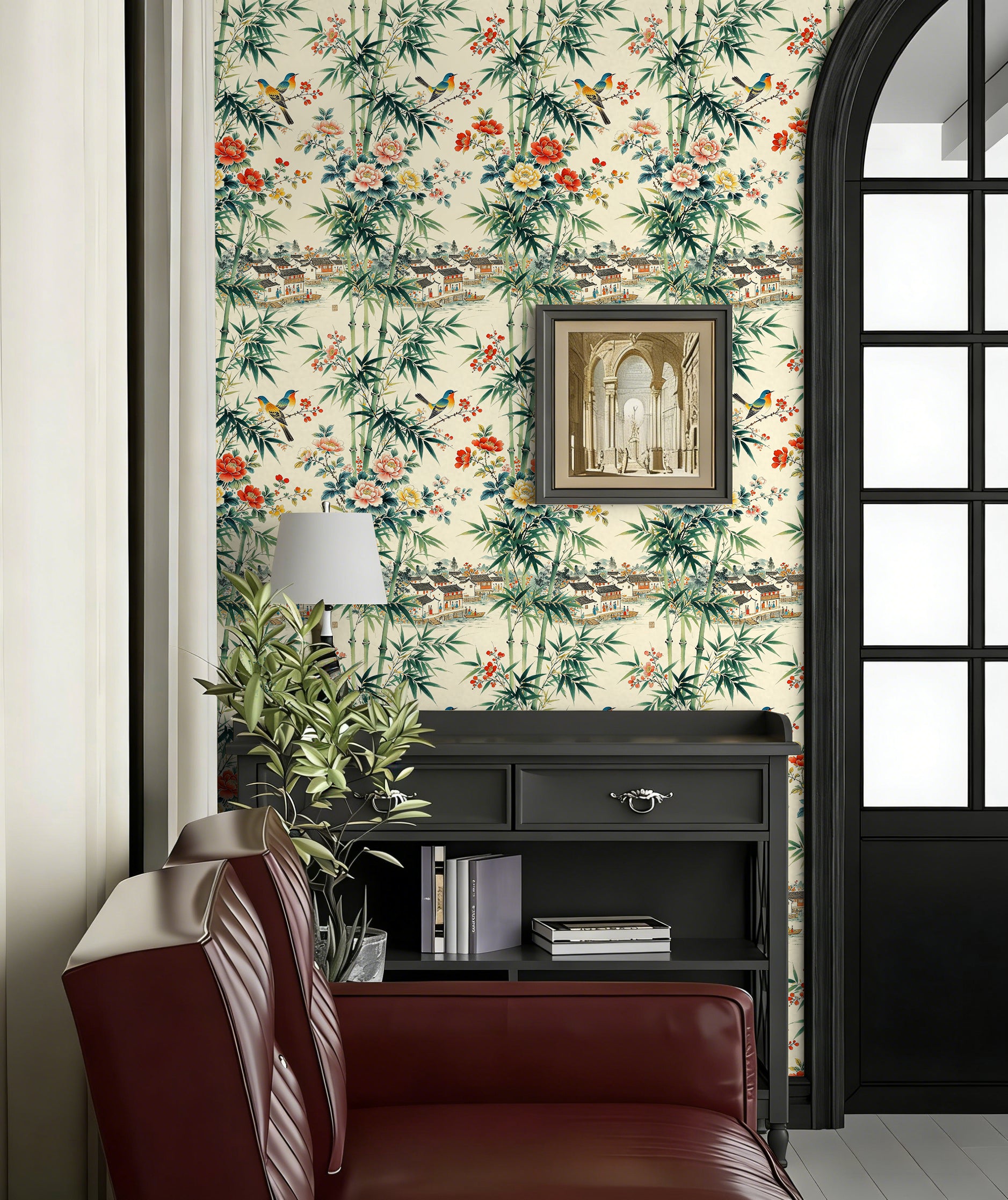 HaokHome Peel and Stick Wallpaper Chinoiserie Bamboo Bird Floral Landscape Wall Mural Removable Self Adhesive Vintage Botanical Wallpaper