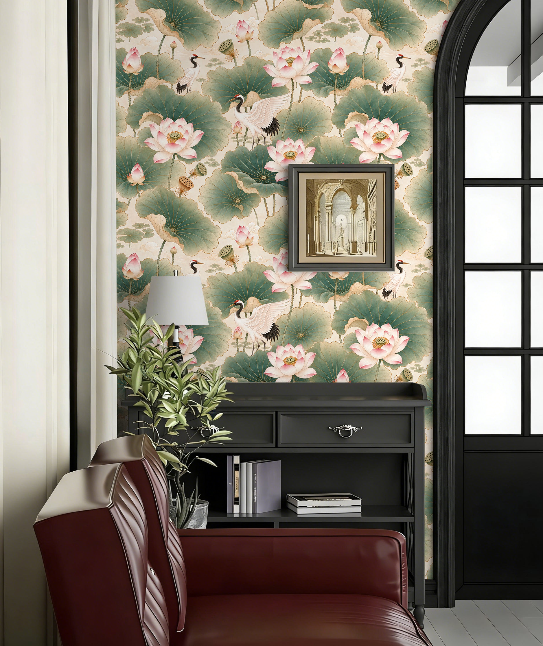 HaokHome Peel and Stick Wallpaper Chinoiserie Lotus Crane Floral Wall Mural Removable Self Adhesive Serene Botanical Wallpaper