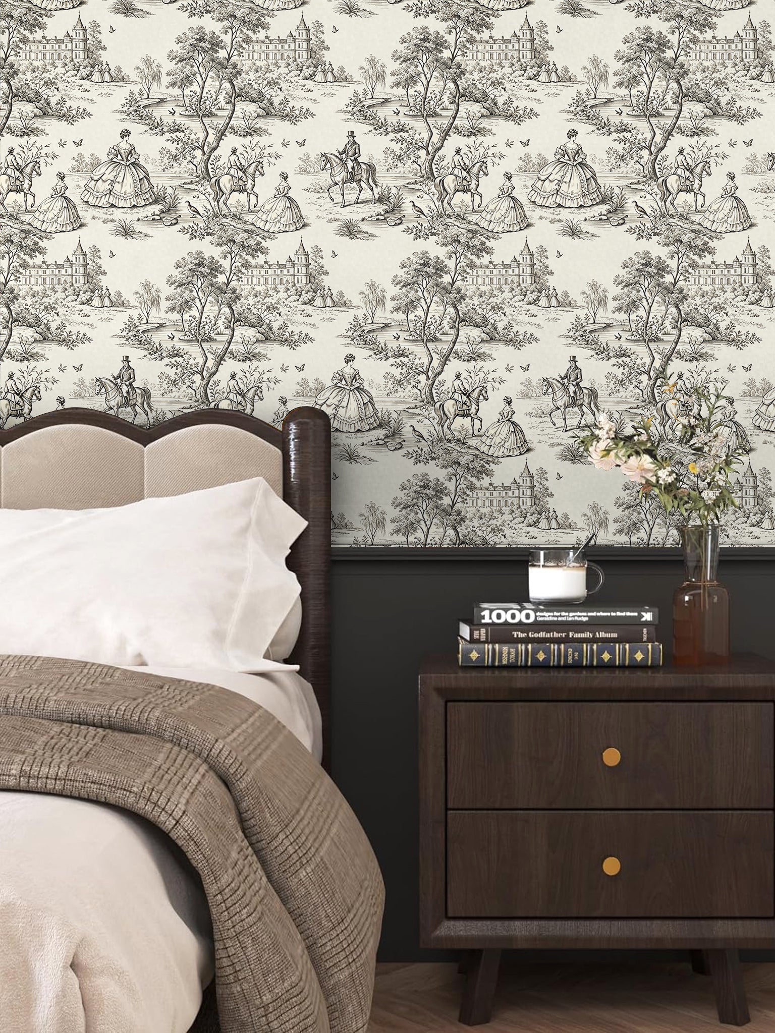 HaokHome Soft Tone Toile de Jouy Peel and Stick Wallpaper, Beige & Off-White French Vintage Scenic Removable Self Adhesive Wallpaper