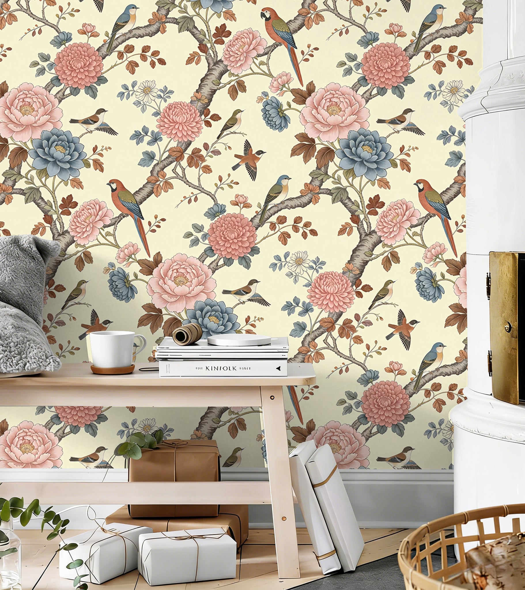 HaokHome Peel and Stick Wallpaper French Chinoiserie Peony and Bird Floral Muted Tone Elegant Garden Style Removable Self Adhesive Wallpaper for Bedroom & Entryway