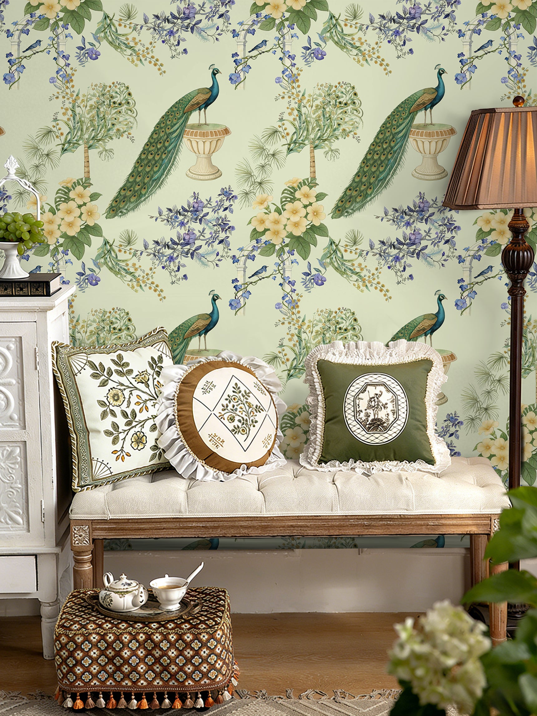 HaokHome Peacock Floral Watercolor Wallpaper, Vintage Botanical Peel and Stick Wallpaper, Removable Wall Mural for Bedroom and Living Room