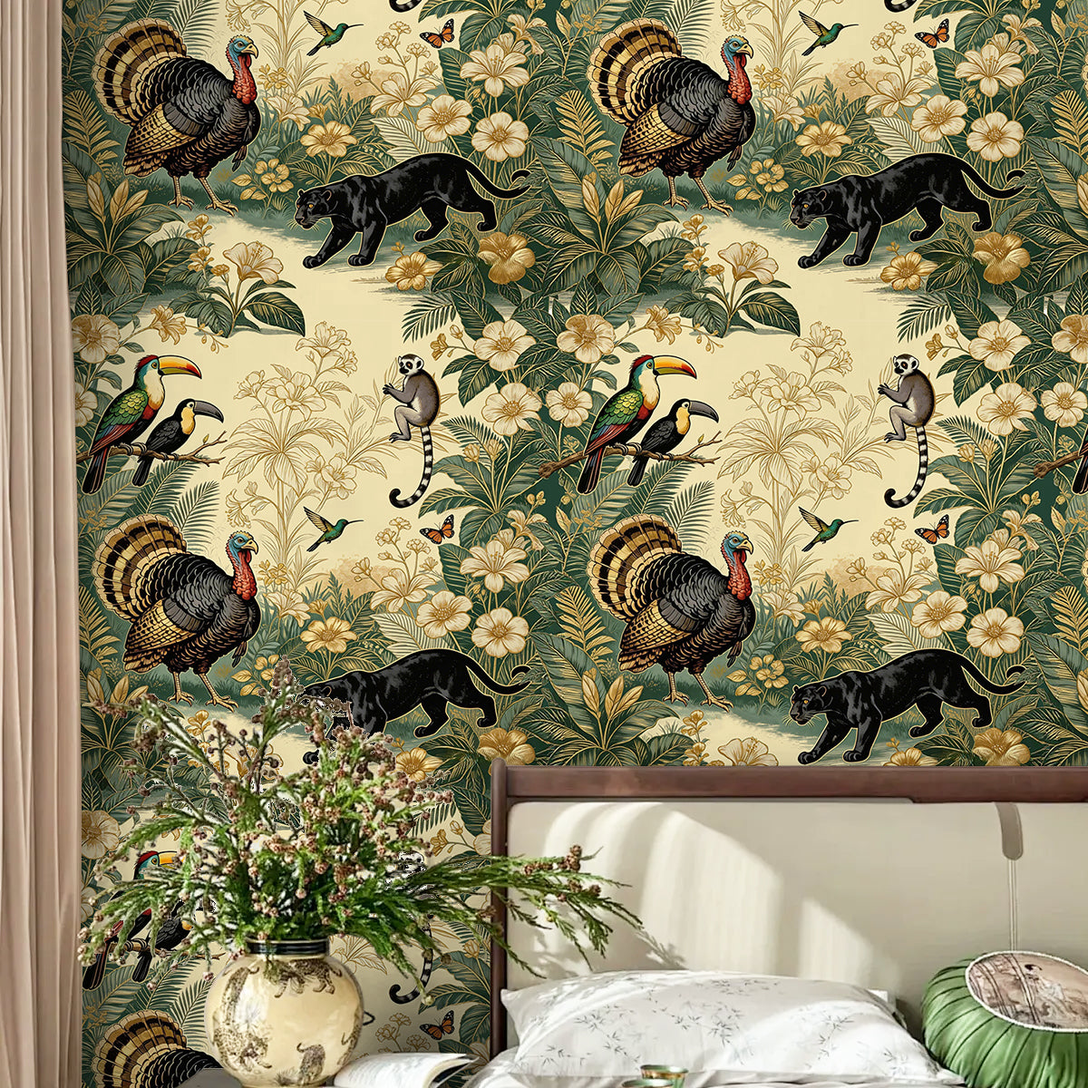 HaokHome Peel and Stick Wallpaper Vintage Tropical Jungle Animal Botanical Jaguar & Toucan Nature Style Removable Self Adhesive Wallpaper for Living Room & Bedroom