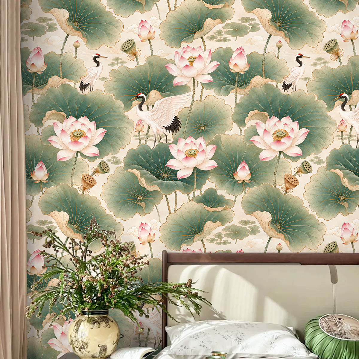 HaokHome Peel and Stick Wallpaper Chinoiserie Lotus Crane Floral Wall Mural Removable Self Adhesive Serene Botanical Wallpaper