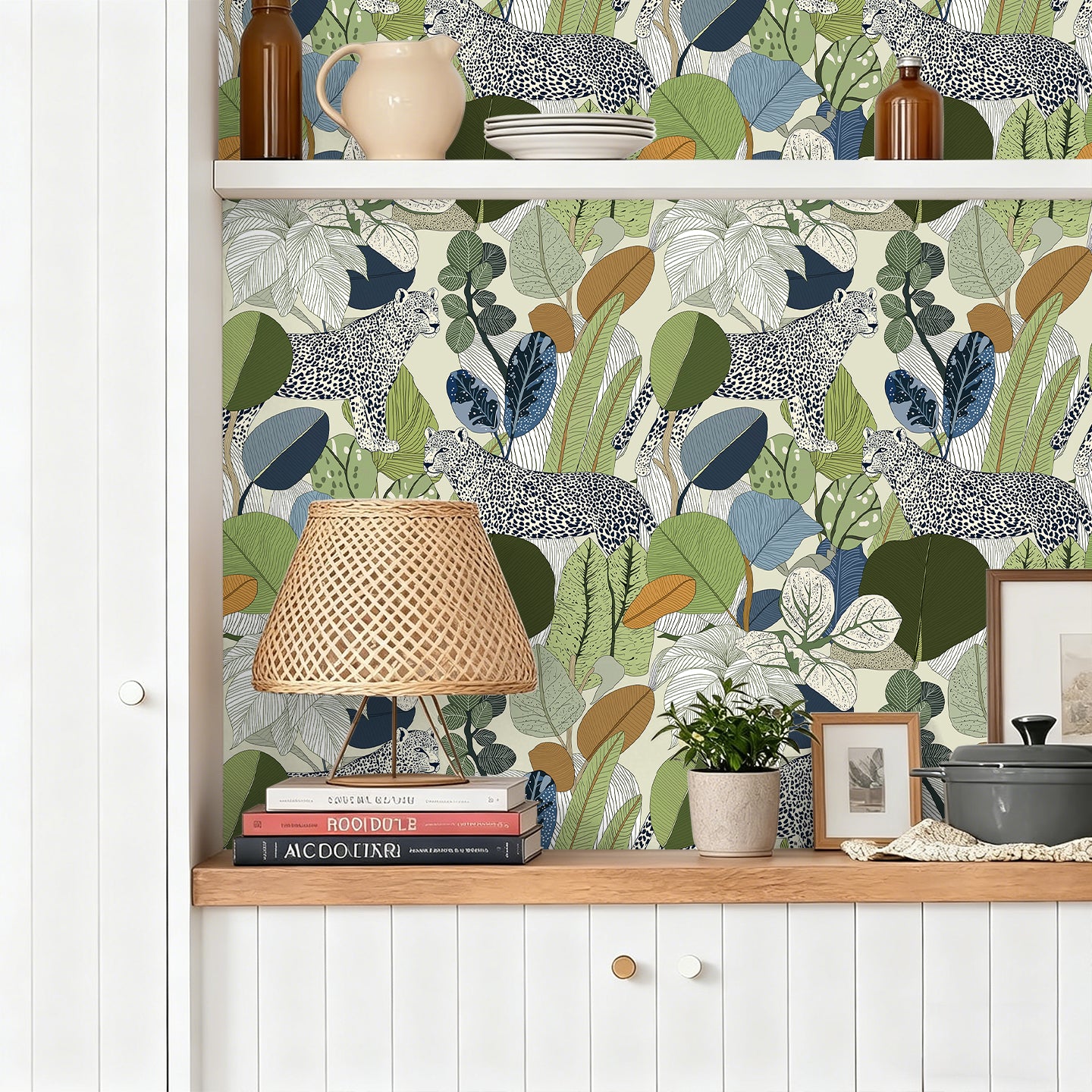 HaokHome Floral Peel and Stick Wallpaper Boho Leopard Tropical Botanical, Muted Color Leaf Removable Self Adhesive Vinyl Contact Paper for Living Room & Bedroom