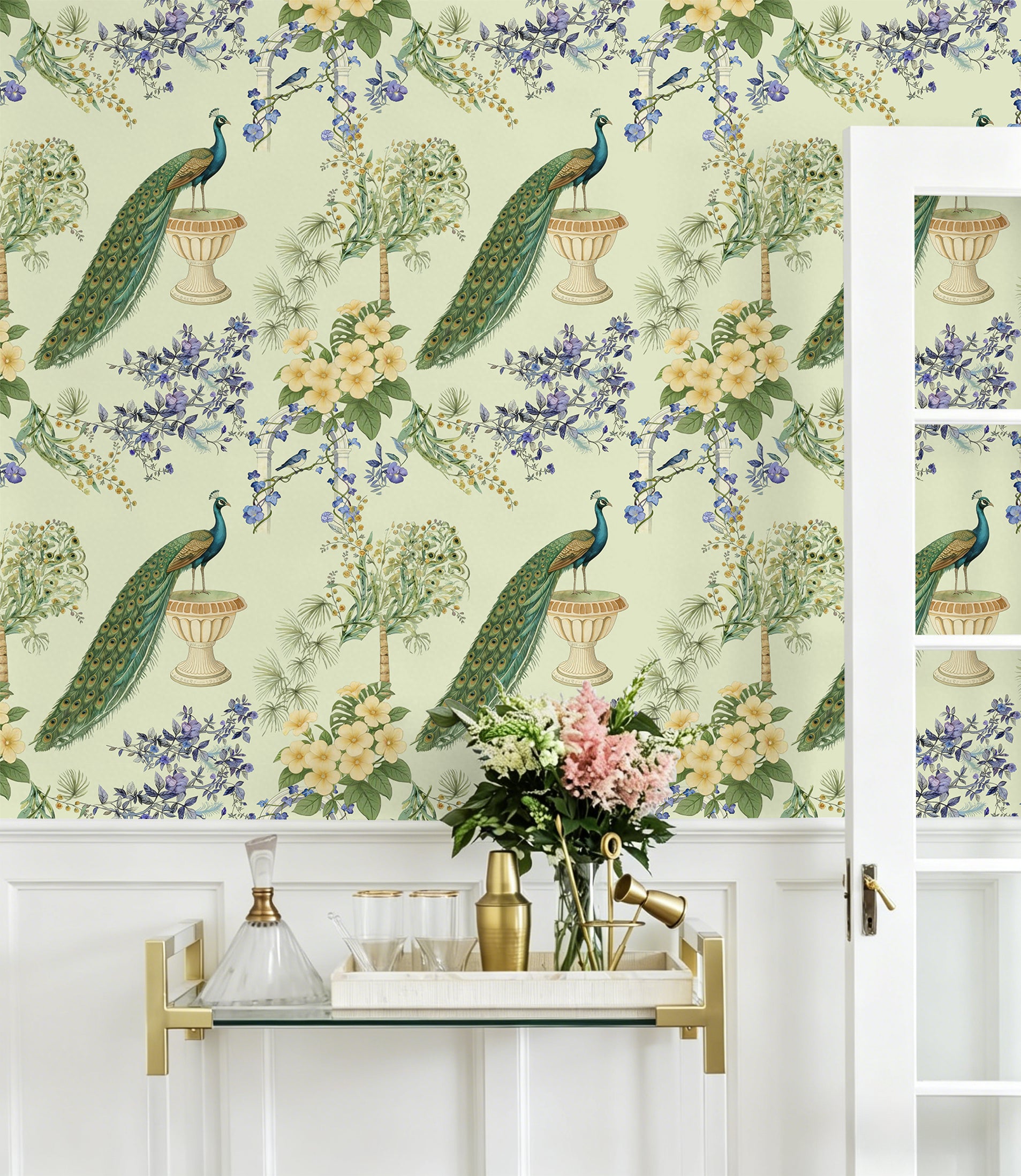 HaokHome Peacock Floral Watercolor Wallpaper, Vintage Botanical Peel and Stick Wallpaper, Removable Wall Mural for Bedroom and Living Room