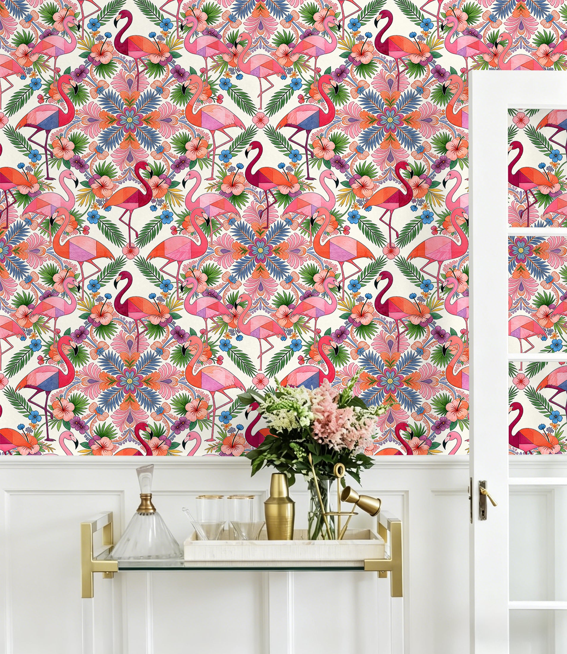 HaokHome Peel and Stick Wallpaper Colorful Flamingo Mandala Tropical Removable Wall Decor with Geometric Floral Pattern for Bright Boho Room