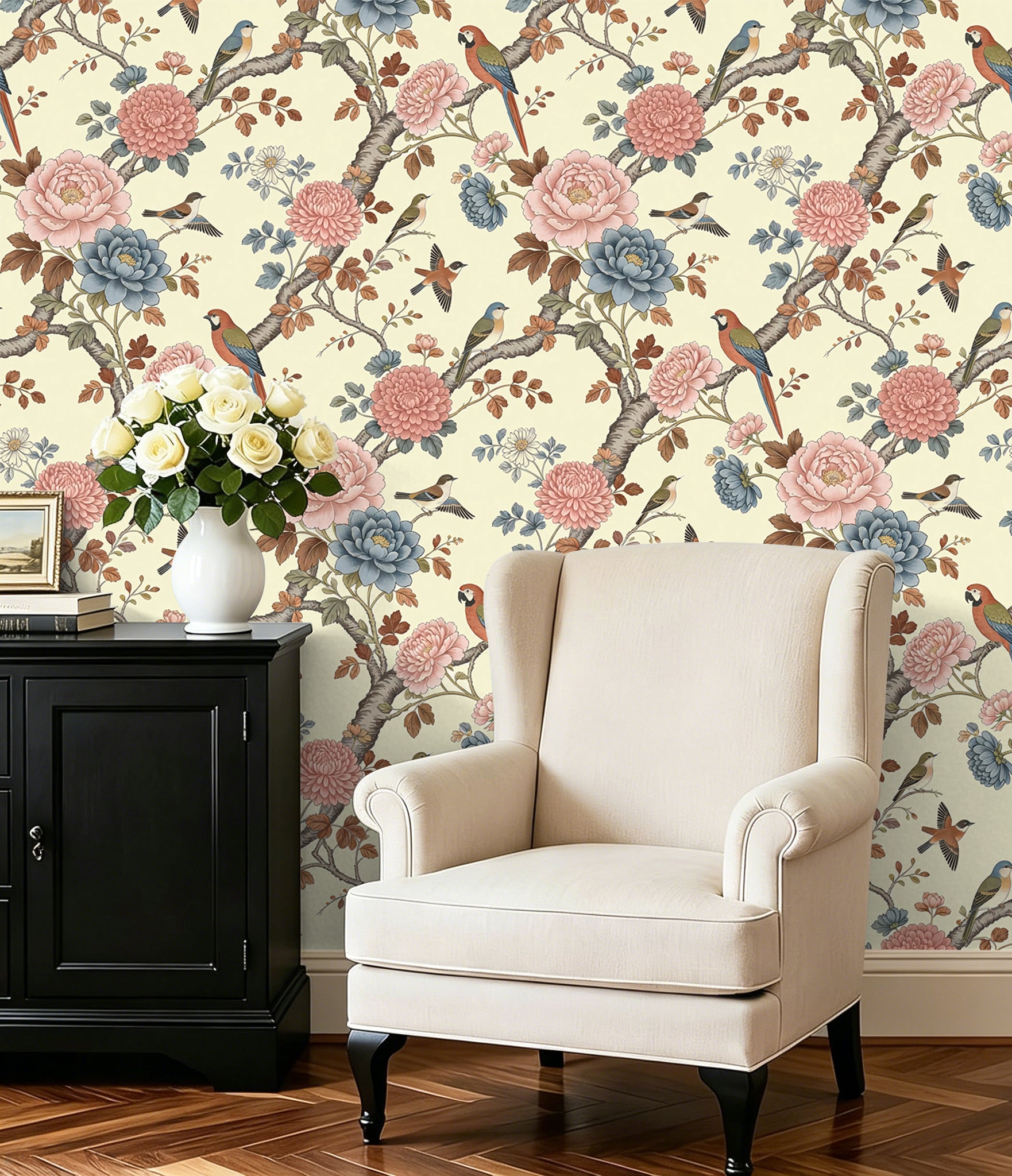 HaokHome Peel and Stick Wallpaper French Chinoiserie Peony and Bird Floral Muted Tone Elegant Garden Style Removable Self Adhesive Wallpaper for Bedroom & Entryway
