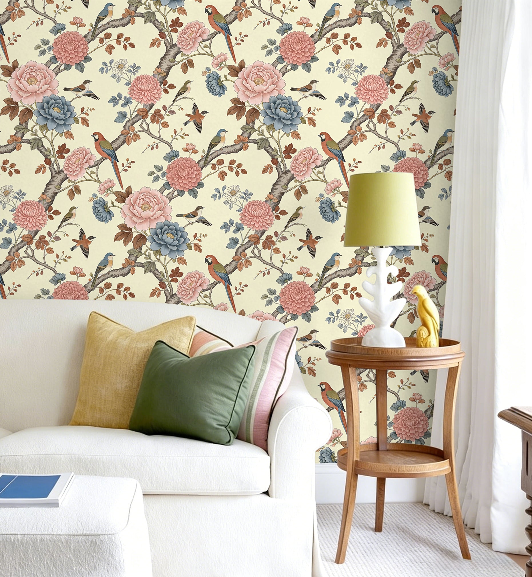 HaokHome Peel and Stick Wallpaper French Chinoiserie Peony and Bird Floral Muted Tone Elegant Garden Style Removable Self Adhesive Wallpaper for Bedroom & Entryway