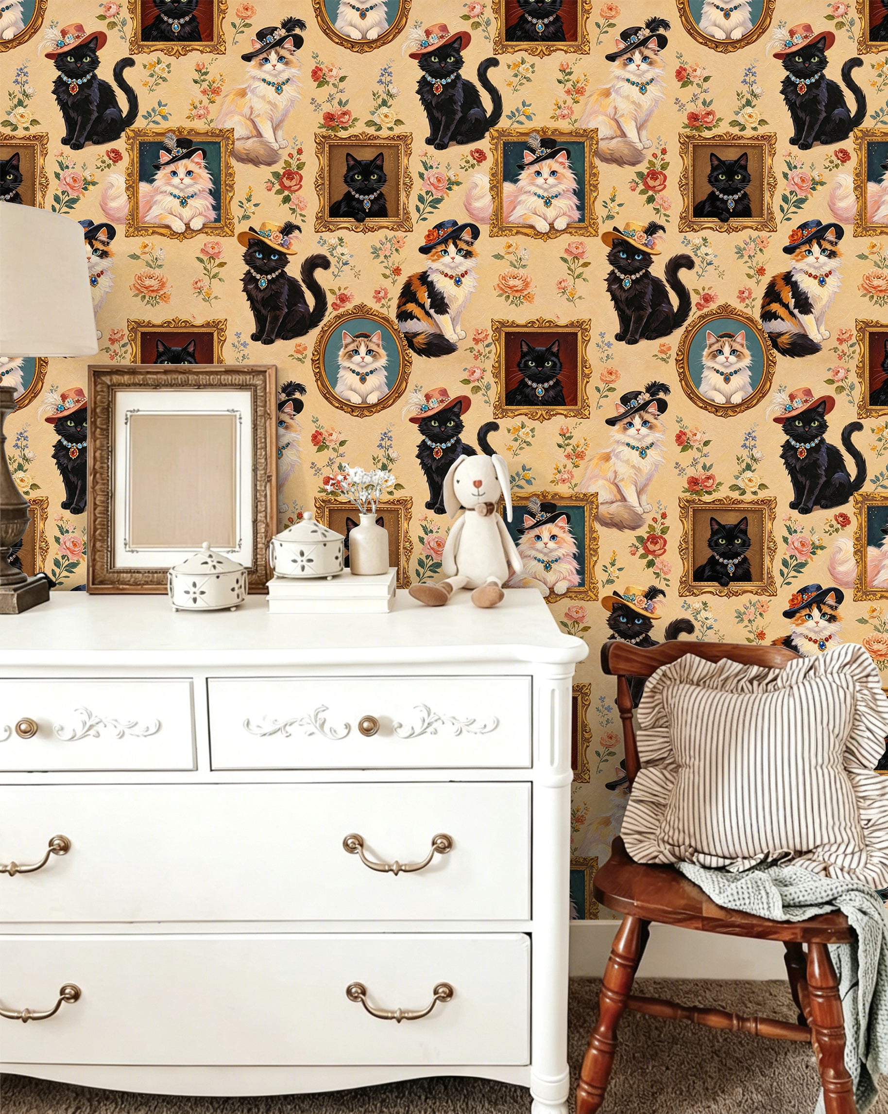 HaokHome Peel and Stick Wallpaper Vintage Aristocat Floral Wall Mural Removable Self Adhesive Whimsical Cat Wallpaper