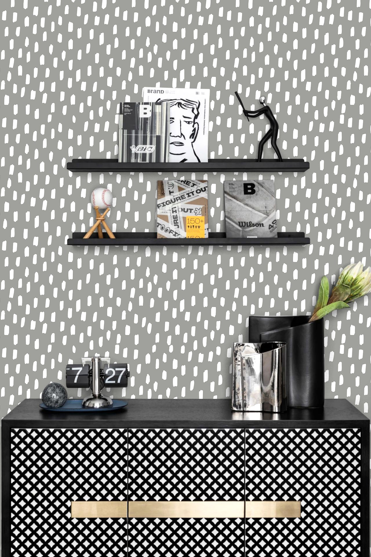 Grey White Brush Dot Wallpaper – Neutral Scandinavian Minimalist Print