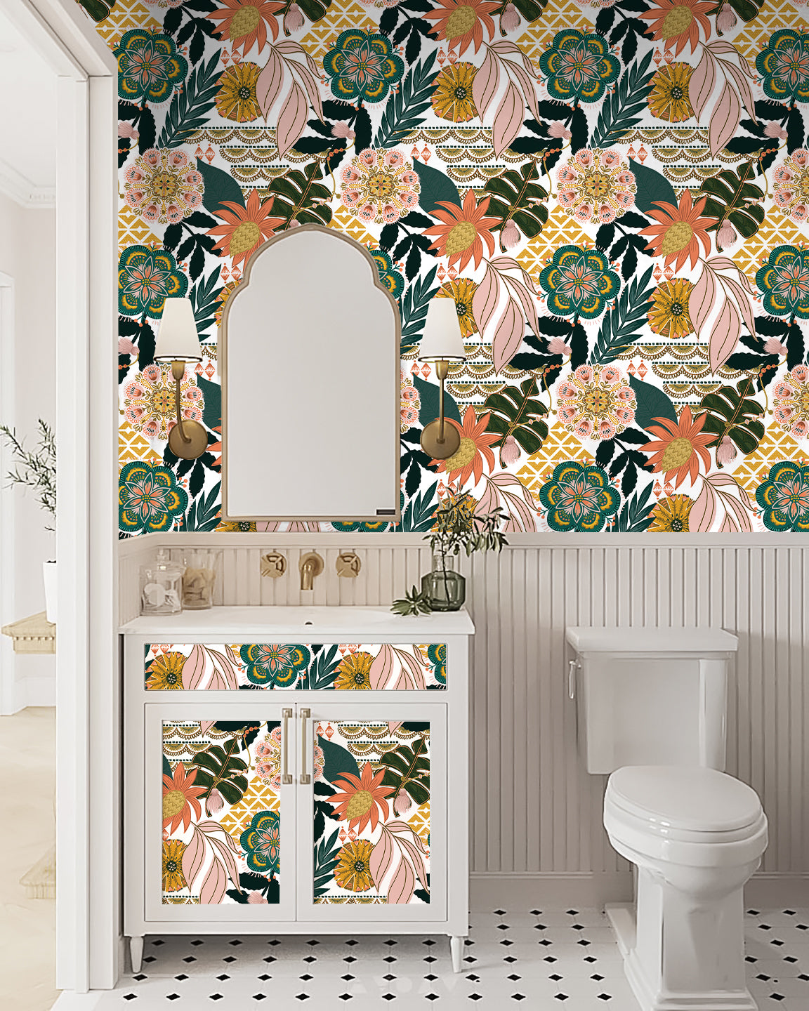 HaokHome Geometric Floral Wallpaper – Bold Tropical Flowers with Geometric Patterns in Warm Tones