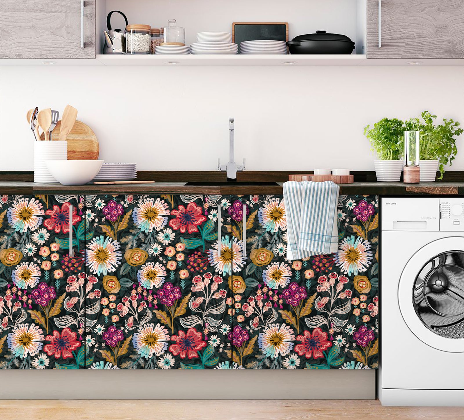 HaokHome Peel and Stick Wallpaper – Dark Moody Folk Wildflower Hand‑Drawn Botanical Removable Wallpaper for Accent Wall