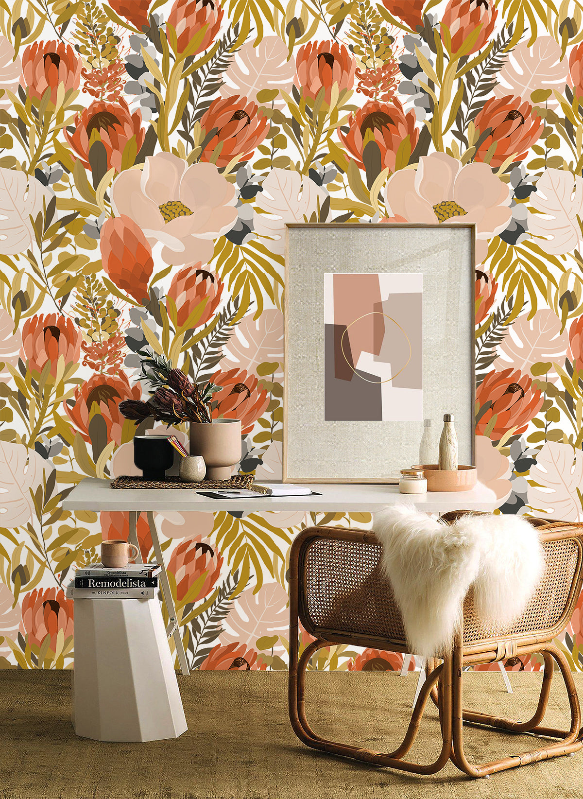 HaokHome Floral Peel and Stick Wallpaper Orange Vintage Adhesive Contact Paper for Walls