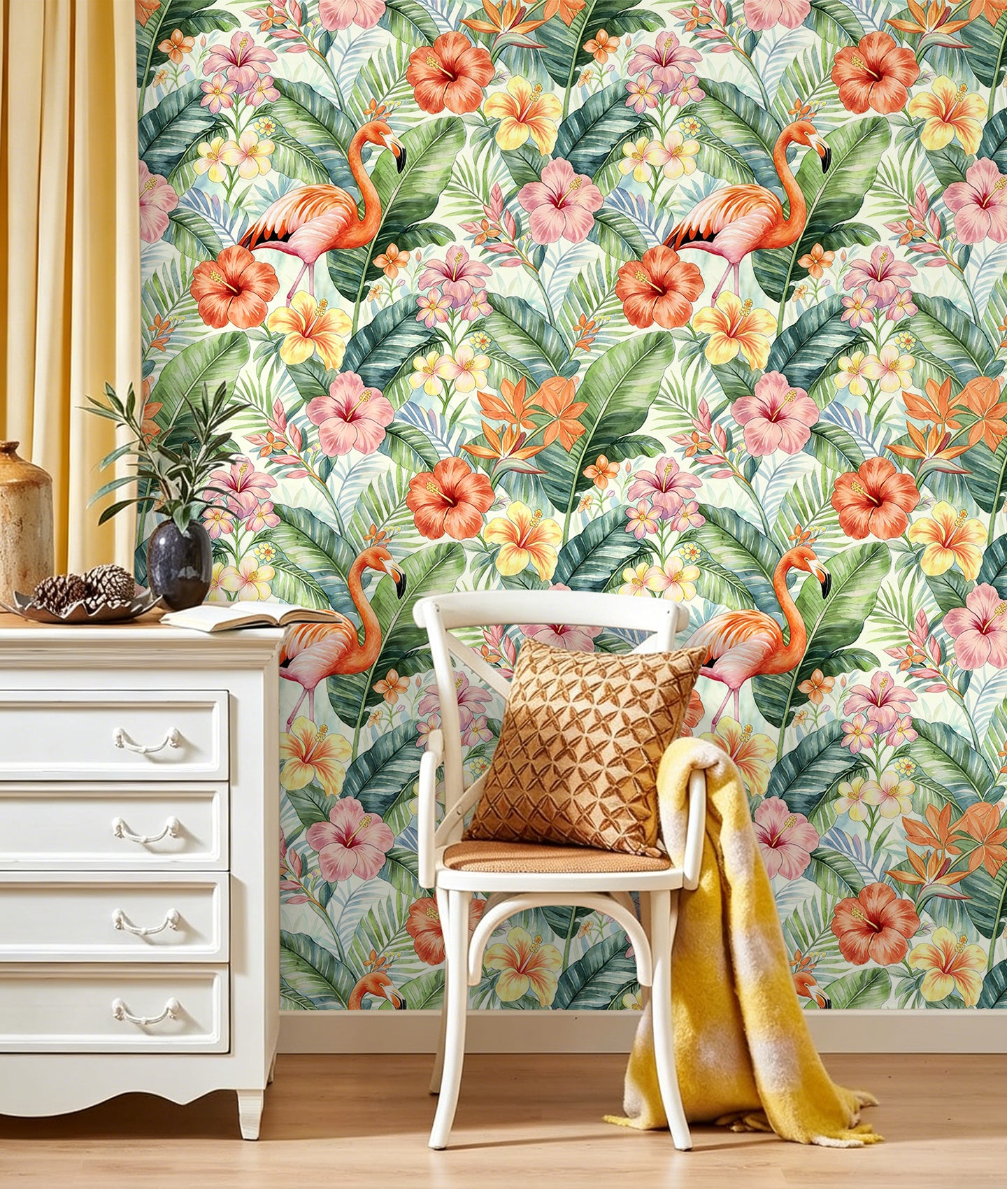 HaokHome Peel and Stick Wallpaper Tropical Flamingo Hibiscus Floral Removable Wall Paper Boho Watercolor Jungle Mural for Bedroom Living Room Bathroom Cabinets