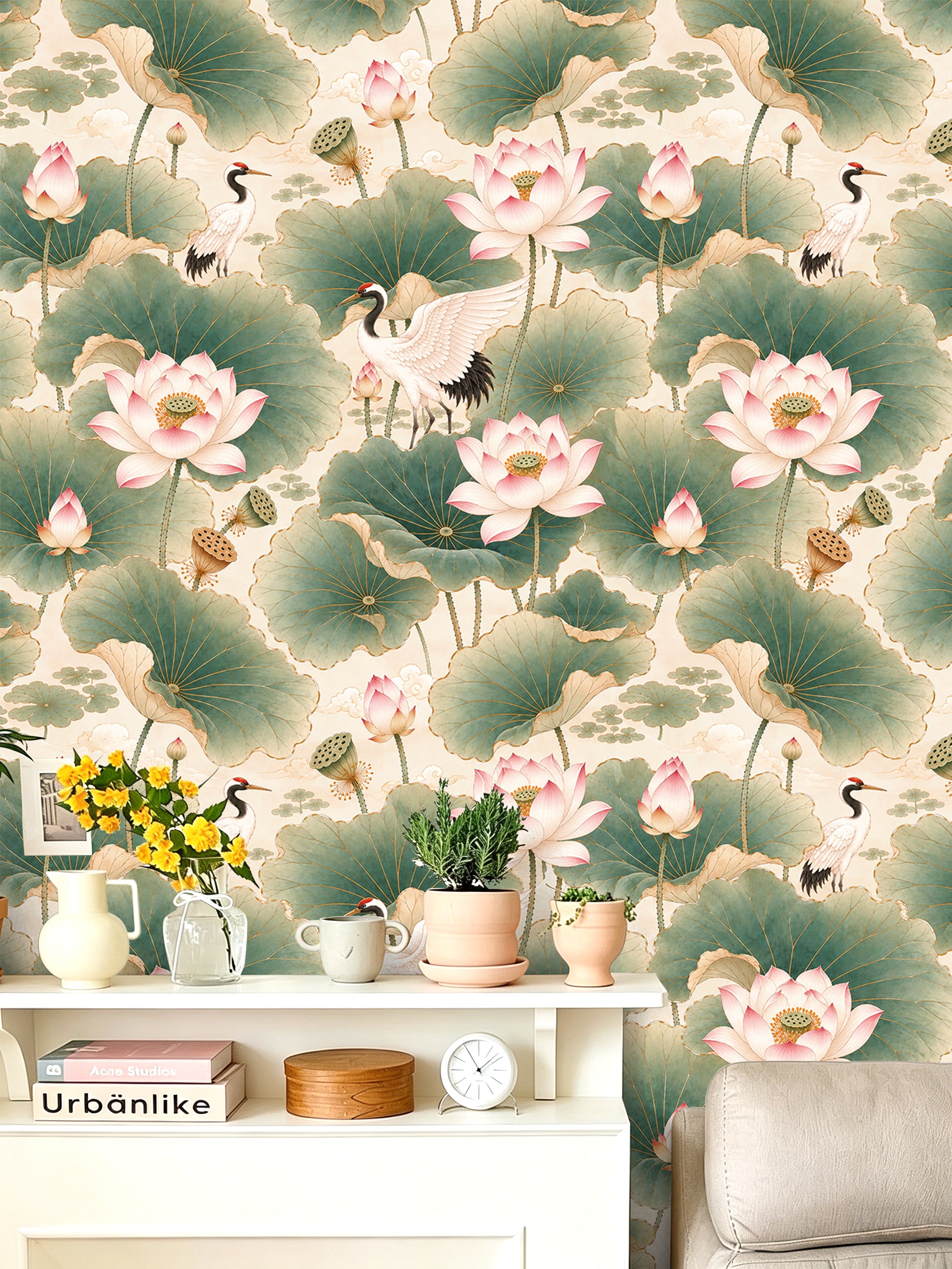 HaokHome Peel and Stick Wallpaper Chinoiserie Lotus Crane Floral Wall Mural Removable Self Adhesive Serene Botanical Wallpaper