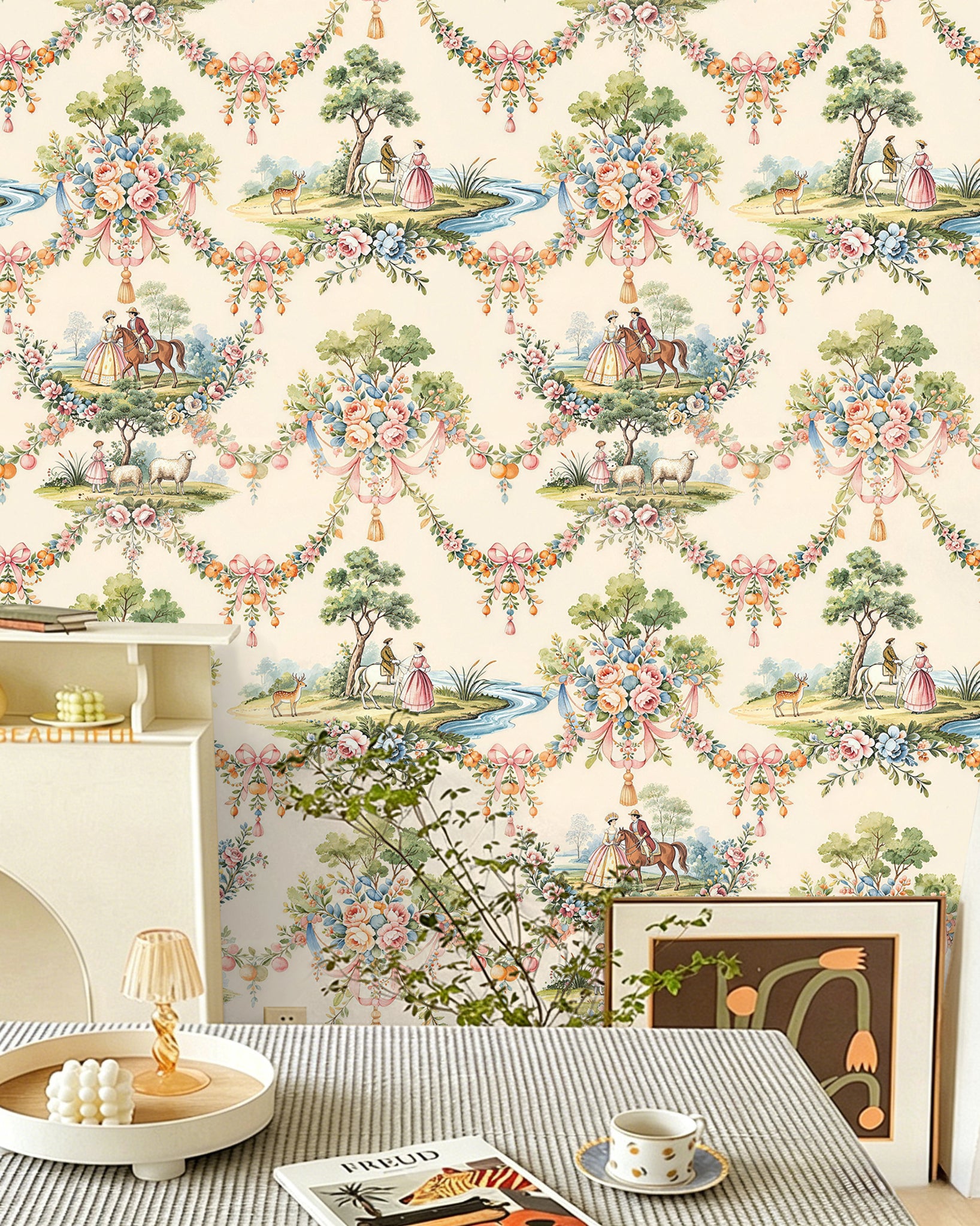 HaokHome Vintage French Pastoral Peel and Stick Wallpaper, Elegant Floral & Equestrian Scenic Removable Self Adhesive Wallpaper, Soft Muted Tone