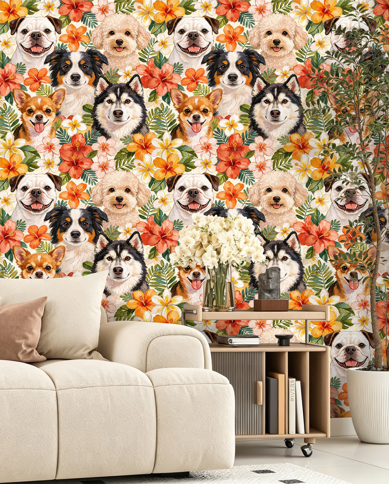 HaokHome Tropical Dog Floral Peel and Stick Wallpaper, Watercolor Puppy & Hibiscus Botanical Removable Self Adhesive Wallpaper