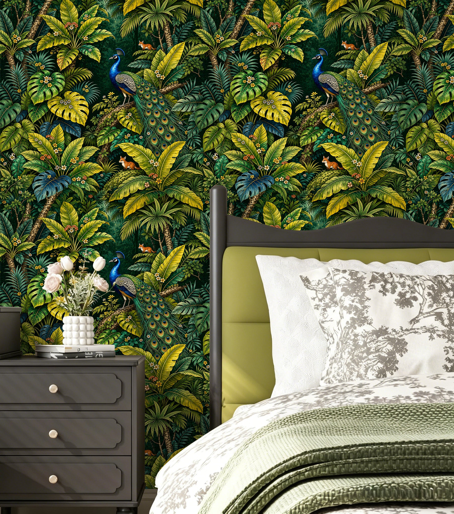 HaokHome Peel and Stick Wallpaper Tropical Jungle Peacock Removable Wall Decor with Lush Botanical & Fox Pattern for Exotic Nature Room