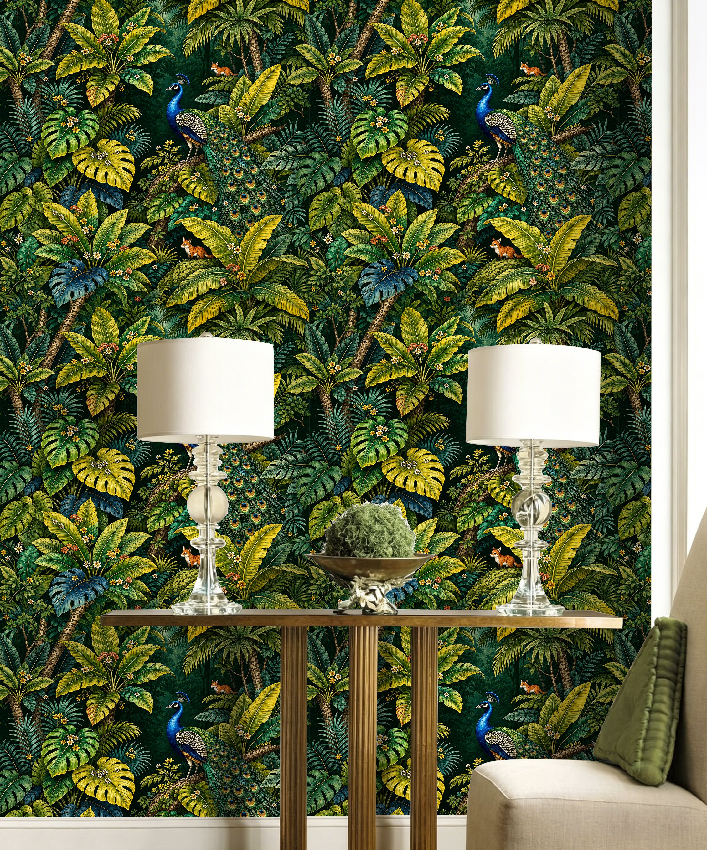 HaokHome Peel and Stick Wallpaper Tropical Jungle Peacock Removable Wall Decor with Lush Botanical & Fox Pattern for Exotic Nature Room