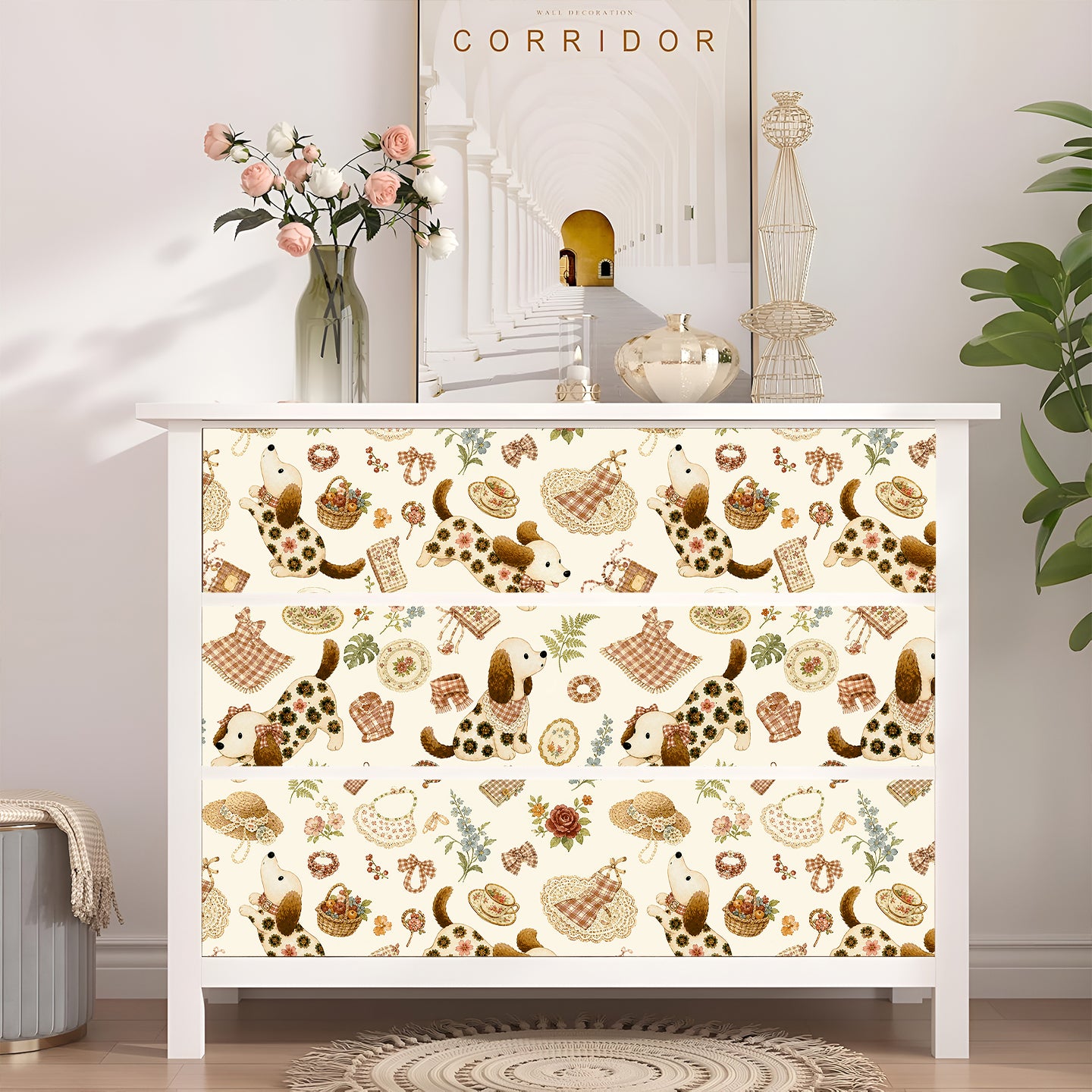 HaokHome Cottagecore Dachshund Dog Tea Party Peel and Stick Wallpaper