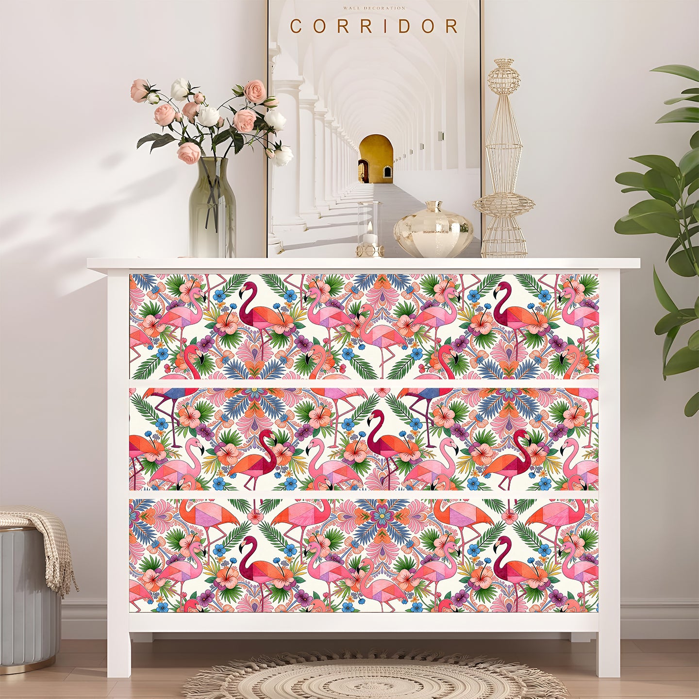 HaokHome Peel and Stick Wallpaper Colorful Flamingo Mandala Tropical Removable Wall Decor with Geometric Floral Pattern for Bright Boho Room
