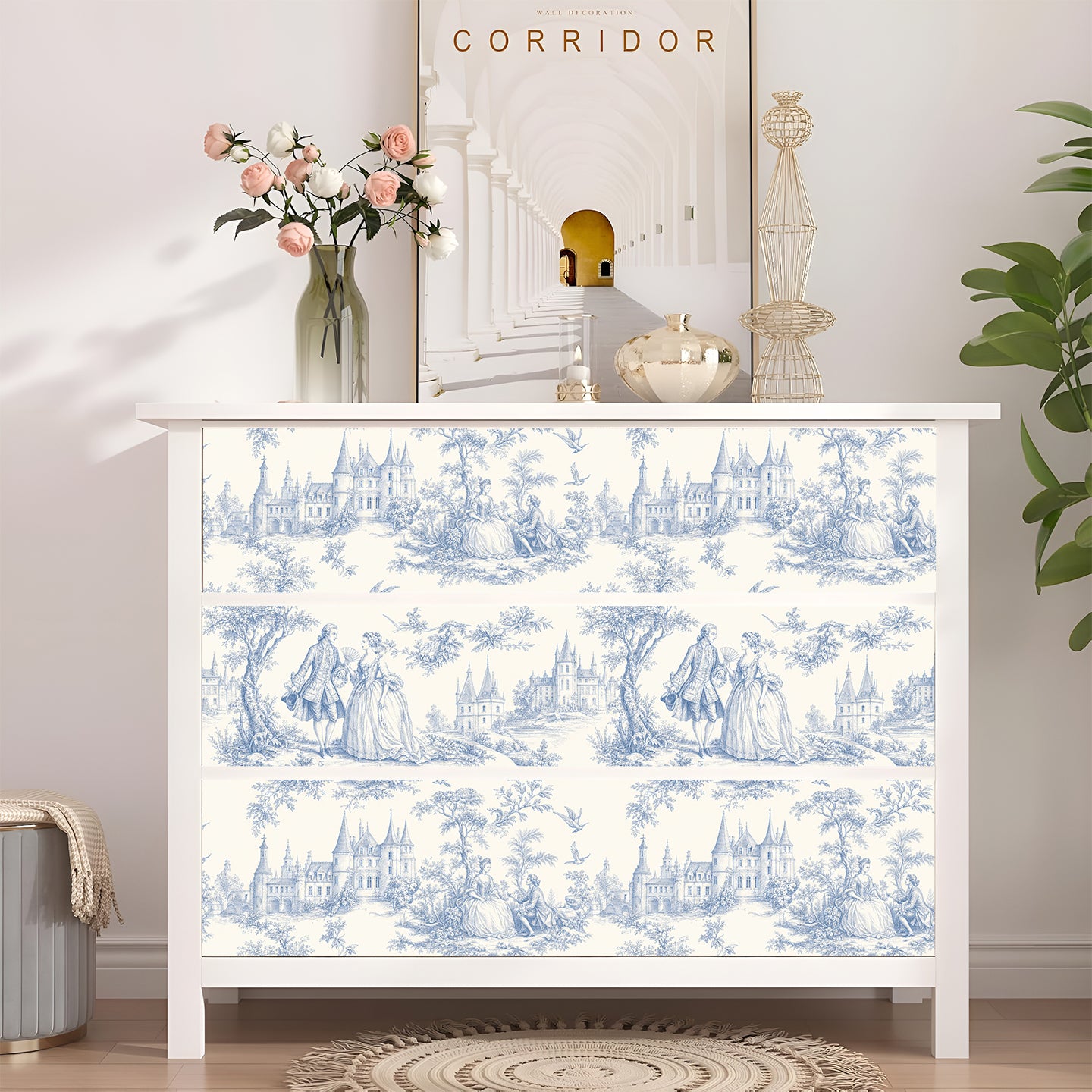 Blue Toile de Jouy Vintage Castle Wallpaper
