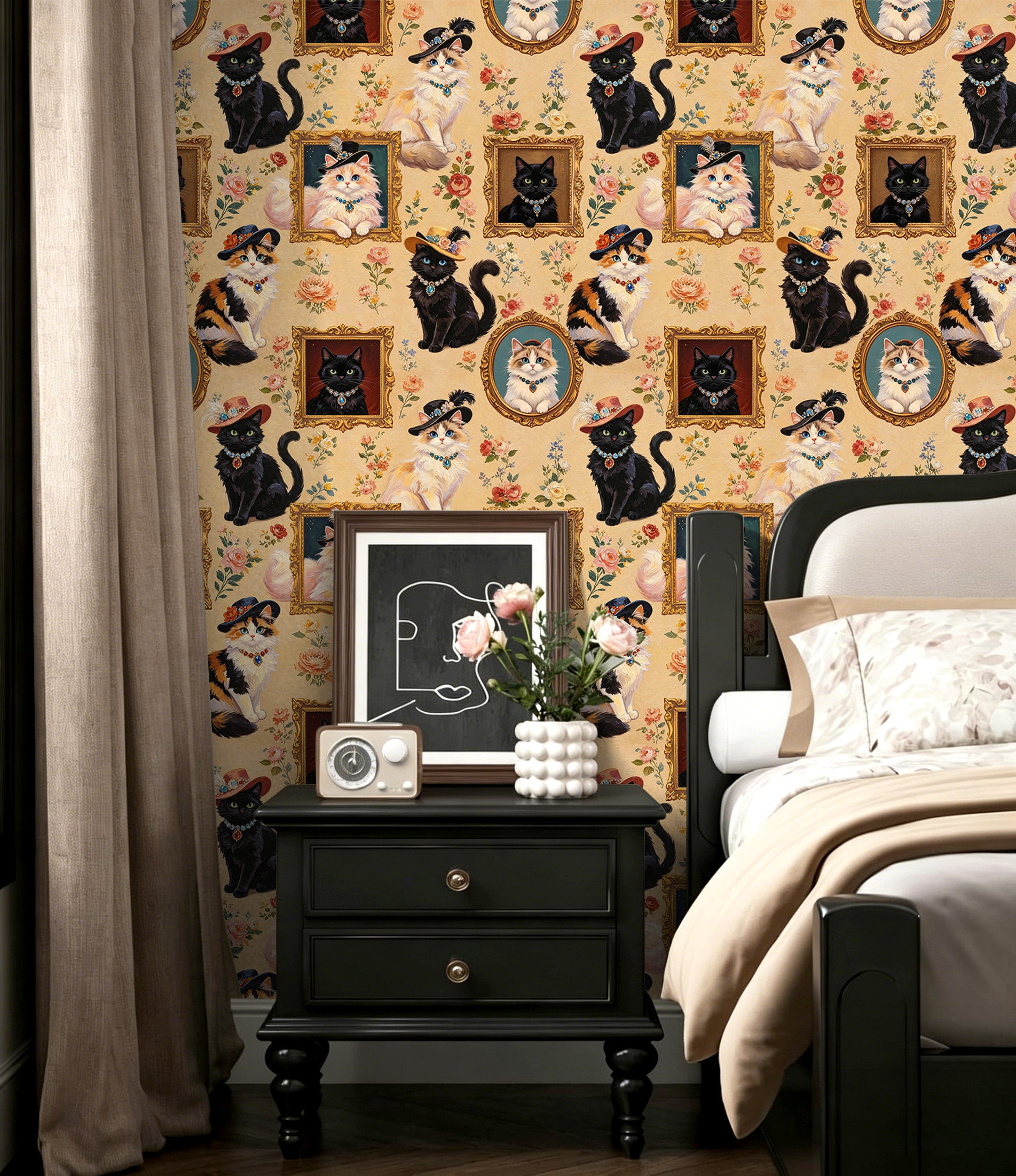 HaokHome Peel and Stick Wallpaper Vintage Aristocat Floral Wall Mural Removable Self Adhesive Whimsical Cat Wallpaper