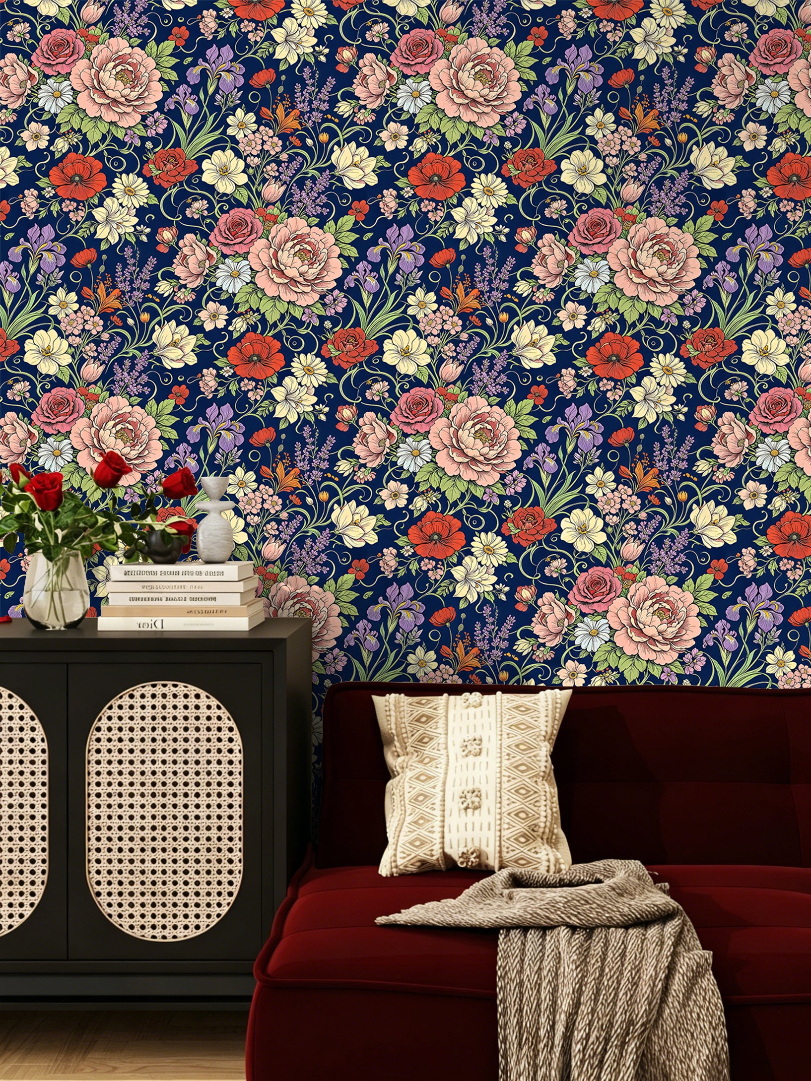 HaokHome Peel and Stick Wallpaper Bright Floral Navy Botanical Wall Mural Removable Self Adhesive Dark Cottagecore Wallpaper
