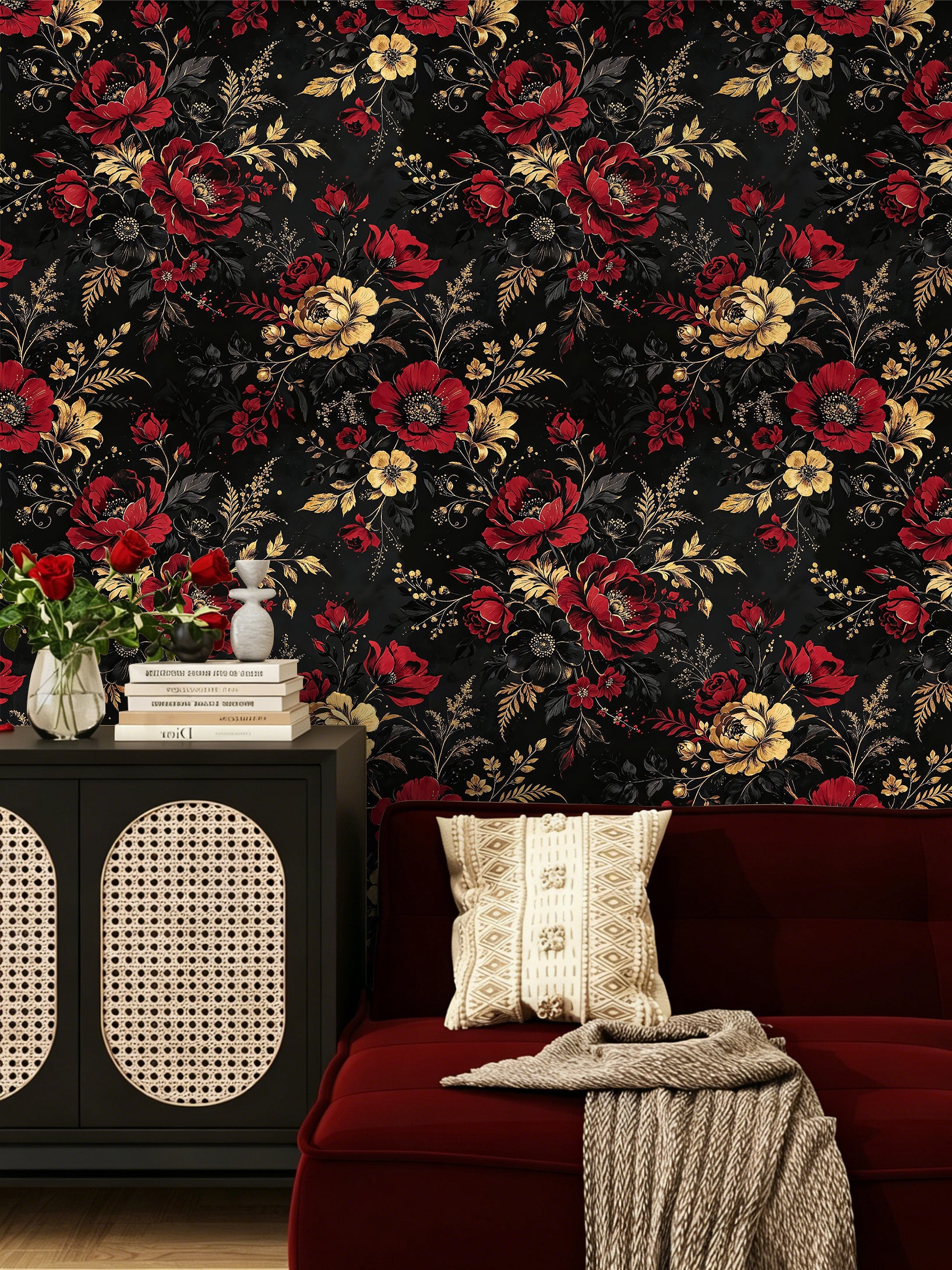 HaokHome Peel and Stick Wallpaper Red and Gold Floral Gothic Vintage Removable Wall Decor with Opulent Peony and Foliage Pattern for Moody Luxury Accent Wall