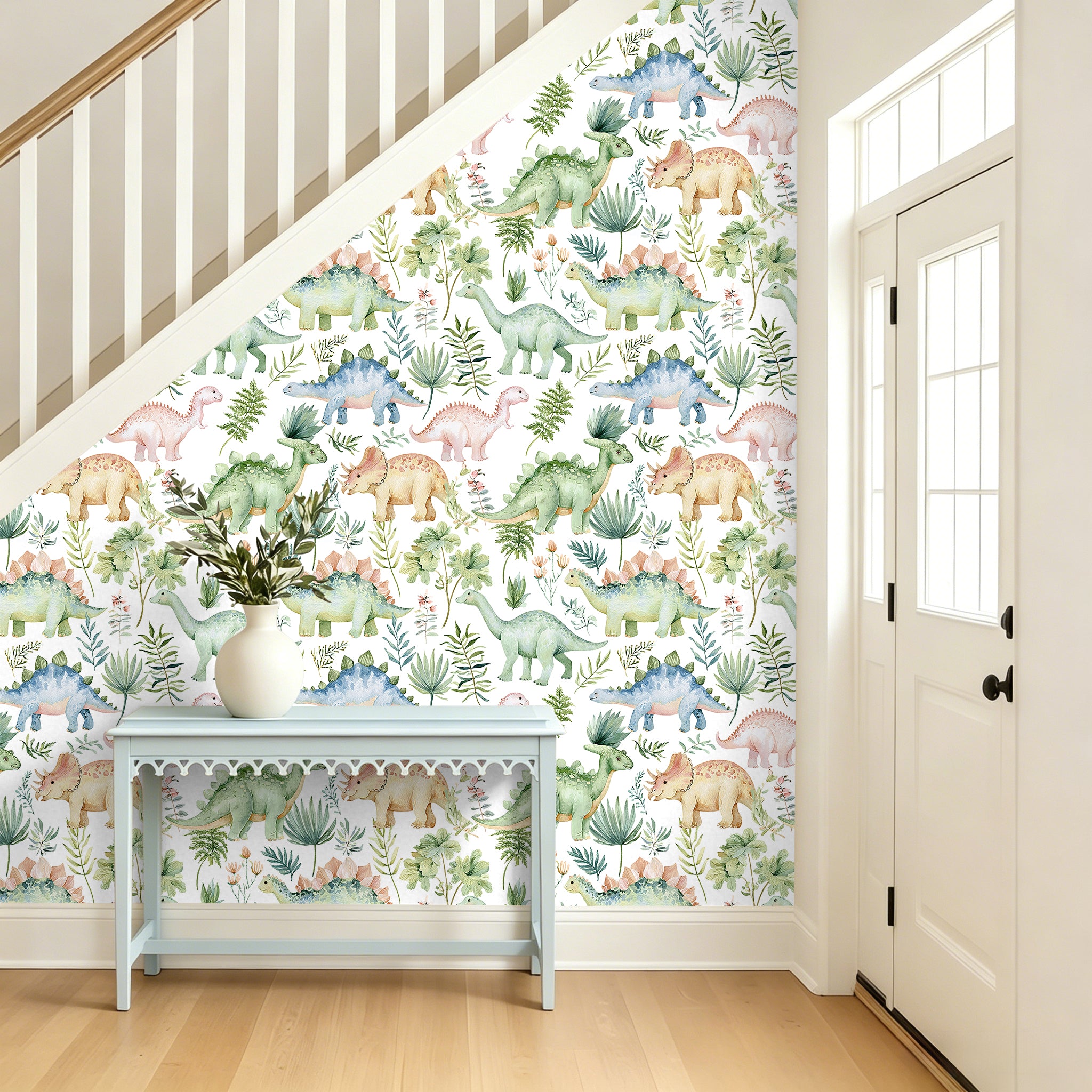 HaokHome Peel and Stick Wallpaper Watercolor Dinosaur Wall Mural Removable Self Adhesive Kids Botanical Wallpaper