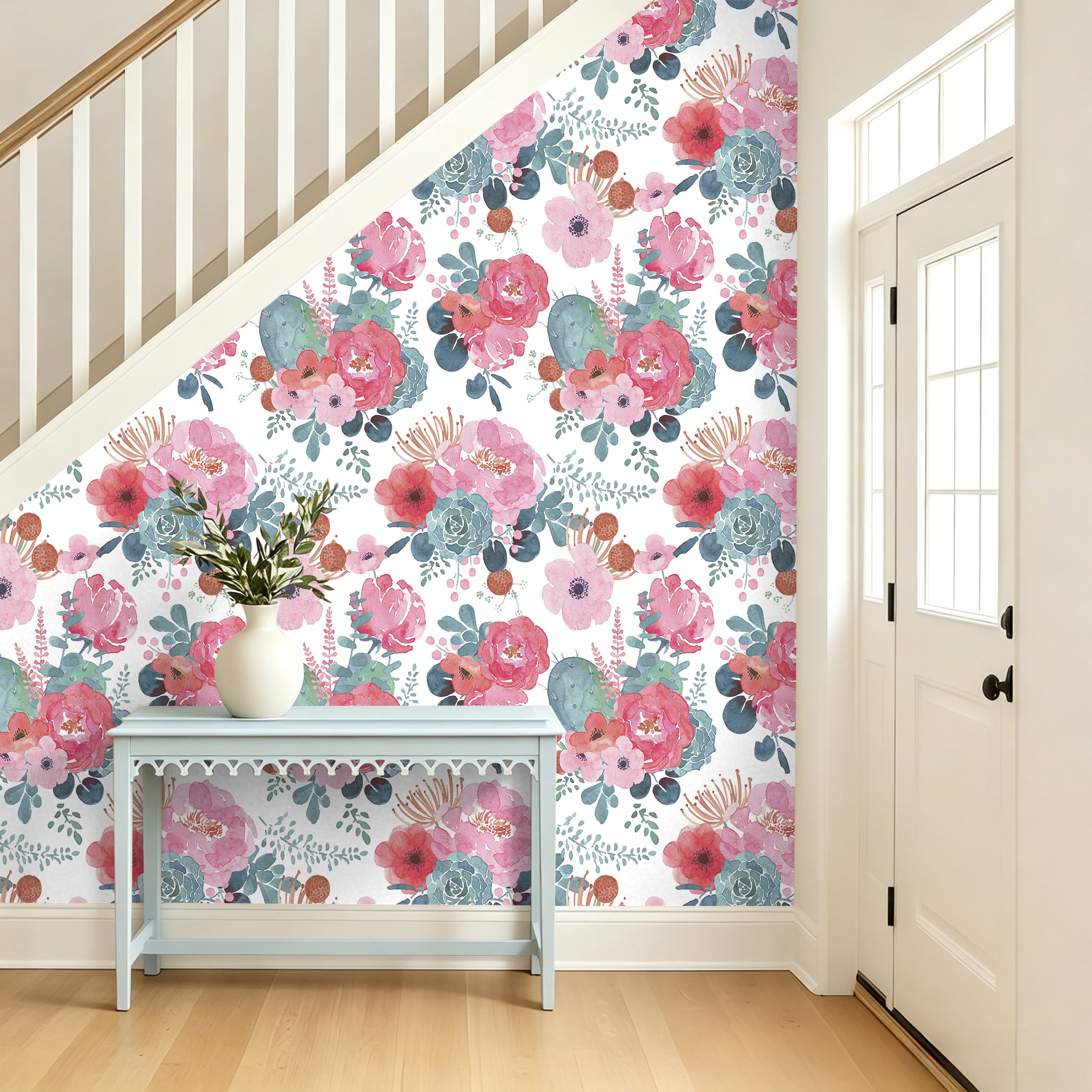 Watercolor Blush Rose & Cactus Peel and Stick Wallpaper, Soft Bright Botanical Decor | HaokHome