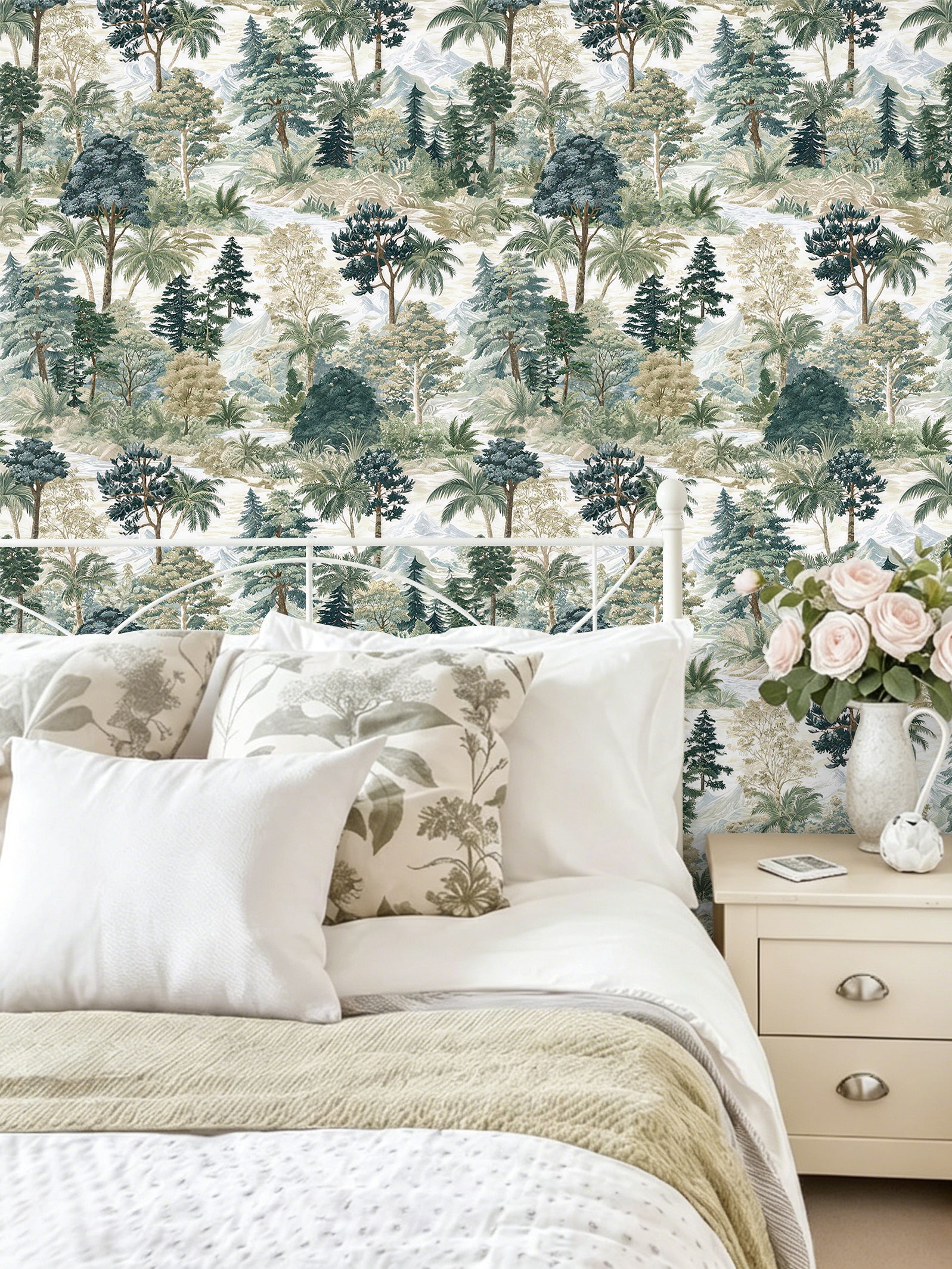 HaokHome Peel and Stick Wallpaper Soft Watercolor Forest Wall Mural Removable Self Adhesive Gentle Tree Wallpaper
