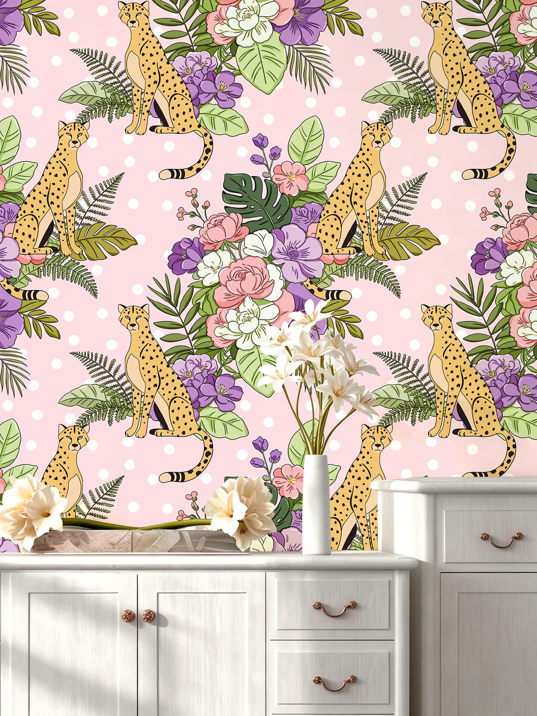 HaokHome Floral Peel and Stick Wallpaper Retro Polka Dot Cheetah Jungle, Macaron Floral Flat Illustration Removable Self Adhesive Vinyl Contact Paper for Living Room & Bedroom